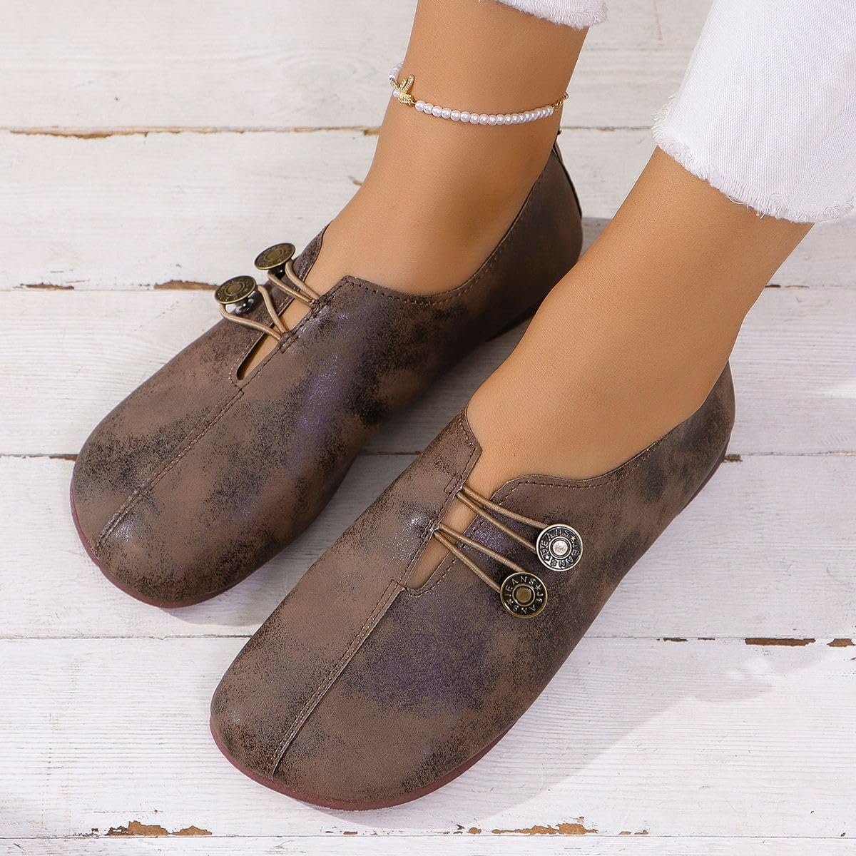 Zapatos ortopédicos suaves y flexibles, mocasines retro de ajuste ancho para mujer, ligeros, cómodos, ortopédicos, de gamuza de ballet, sin cordones, zapatos planos elásticos con botones para mujer