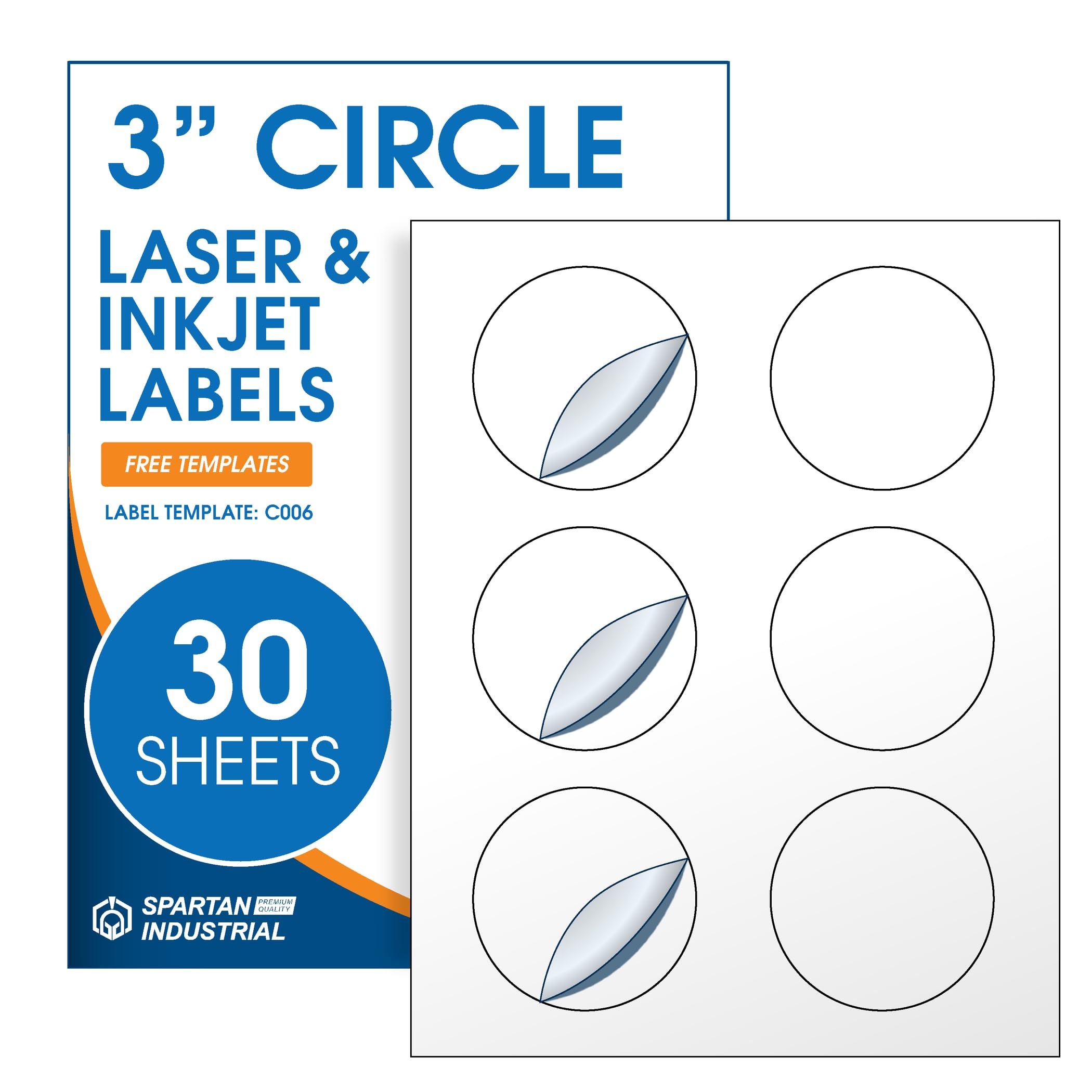3" Printable Round Labels for Laser and Inkjet Printers - 180 Blank Labels, 30 Sheets for Business Logos, Thank You Stickers, Price Tags, QR Codes - Spartan Industrial Template C006