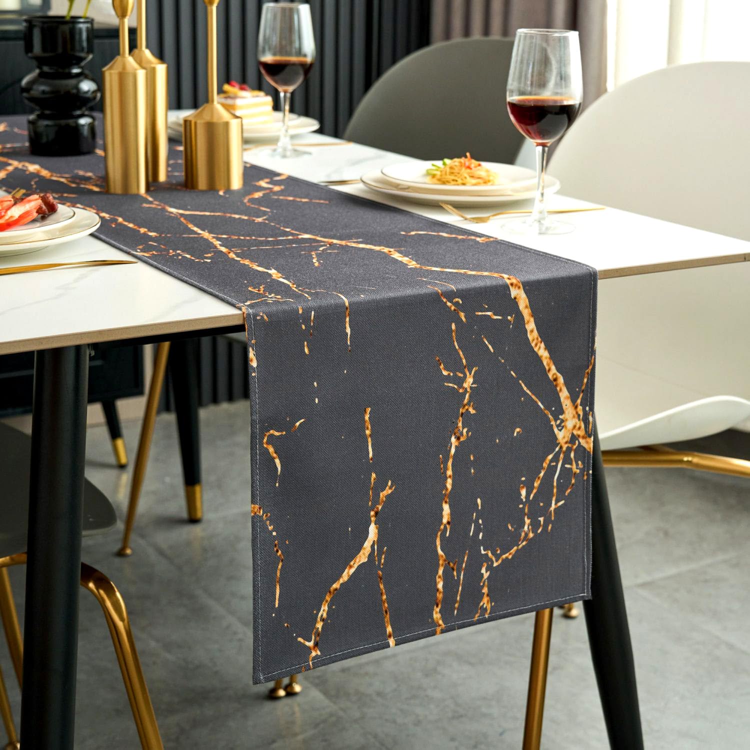 Jayusaror Table Runner Grey and Gold Modern Dining Table Centrepiece Marble Textured Abstract Art Washable Farmhouse Small Table Runner for Coffee Dining Dresser End Table Bedroom 33 x 183 cm - Image 2