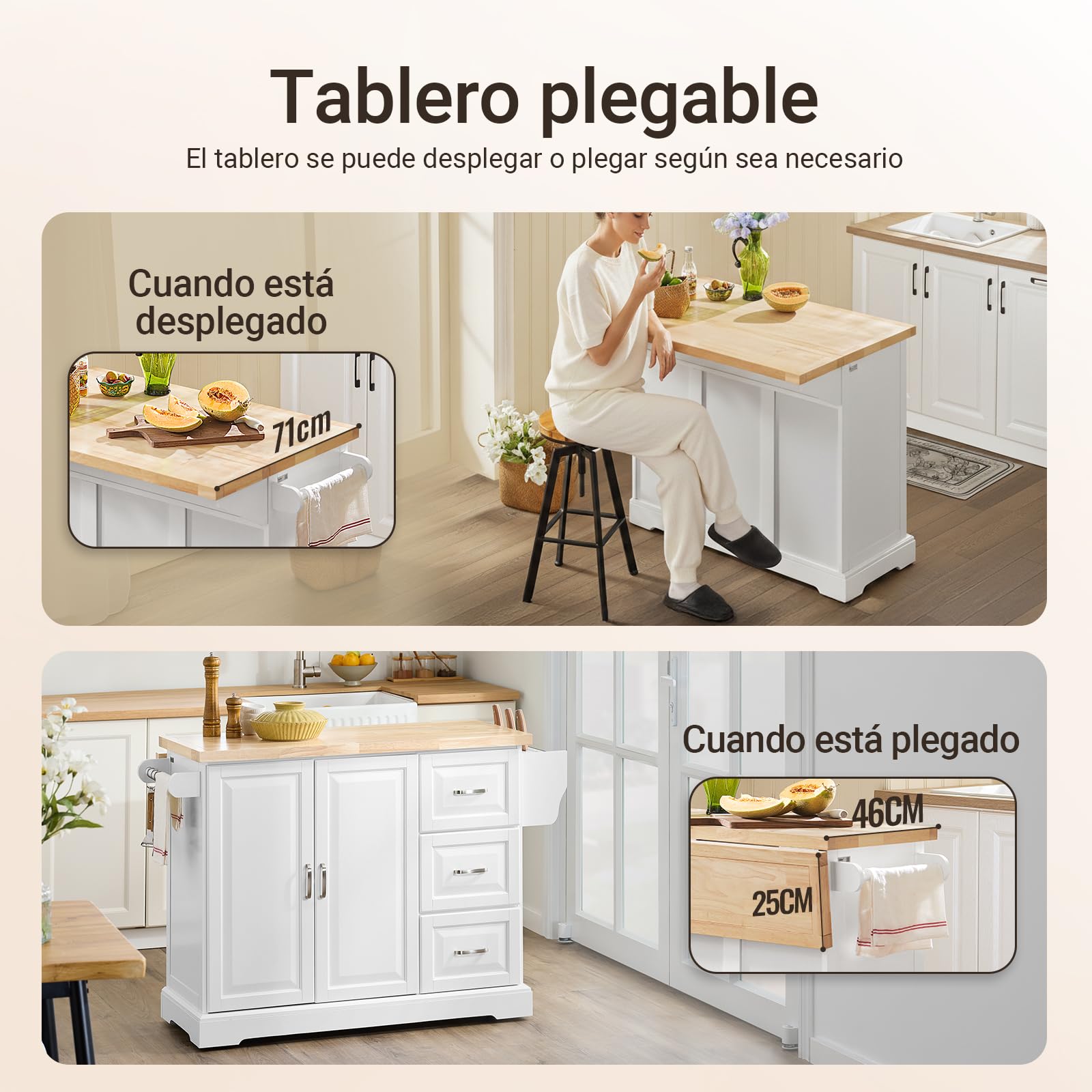 SoBuy Isla Cocina con encimera de Madera Maciza Extensible Carrito de Cocina con Ruedas Mueble de Cocina con 3 cajones Blanco 130x91x(46-71) cm FKW41-II-WN