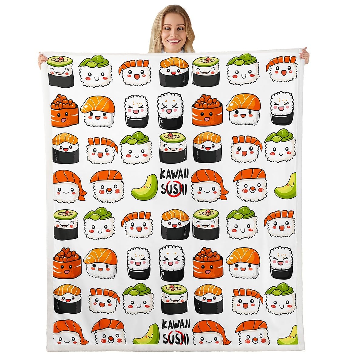 Erosebridal Sushi Sherpa Blanket Cartoon Sea Animal Flannel Blanket Cute Sushi Pattern Throw Blanket for Kids Boys Girls Teens Cartoon Japanese Style Bed Blanket Baby 30"x40"
