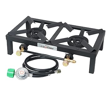 COOKAMP Double Burner Angle Iron Camp Stove with CSA Listed Regulator and 4ft Hose [SA2200]