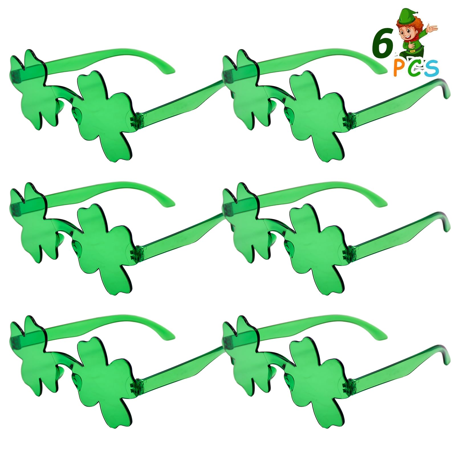 6 Pcs Shamrock Shaped Plastic Glasses, Green Clover Novelty Eyewear Party Favors, Unisex St. Patrick's Day Costume Accessories for Adult Kids, Fun Photo Props for Irish Themed Celebrations