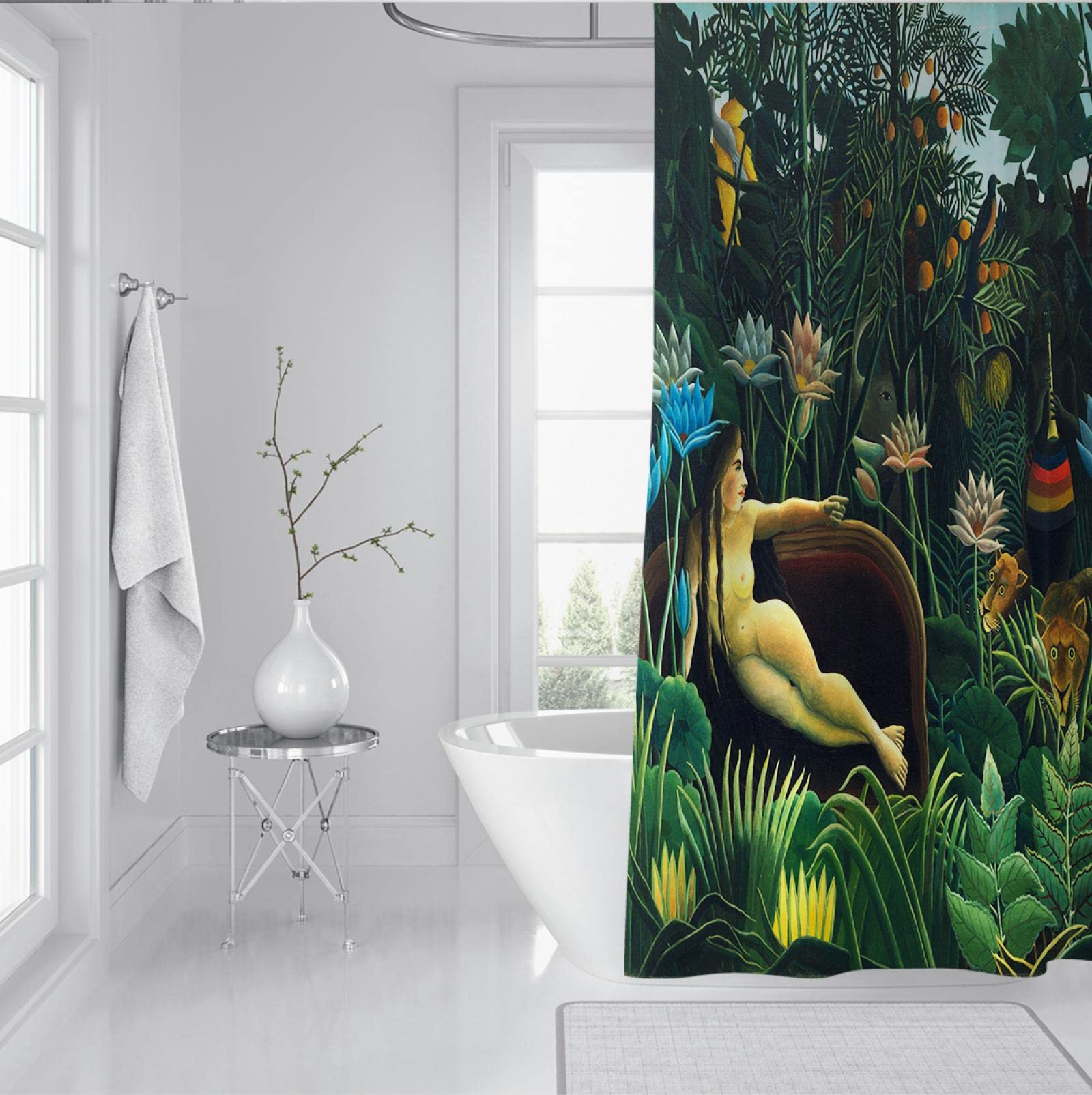 Henri Rousseau Zestaw zasłon prysznicowych z haczykiem Oryginalny design Tropical Plant Theme Rustykalny wystrój domu Zachowaj łazienkę suchy wodoodporny materiał 200x200cm