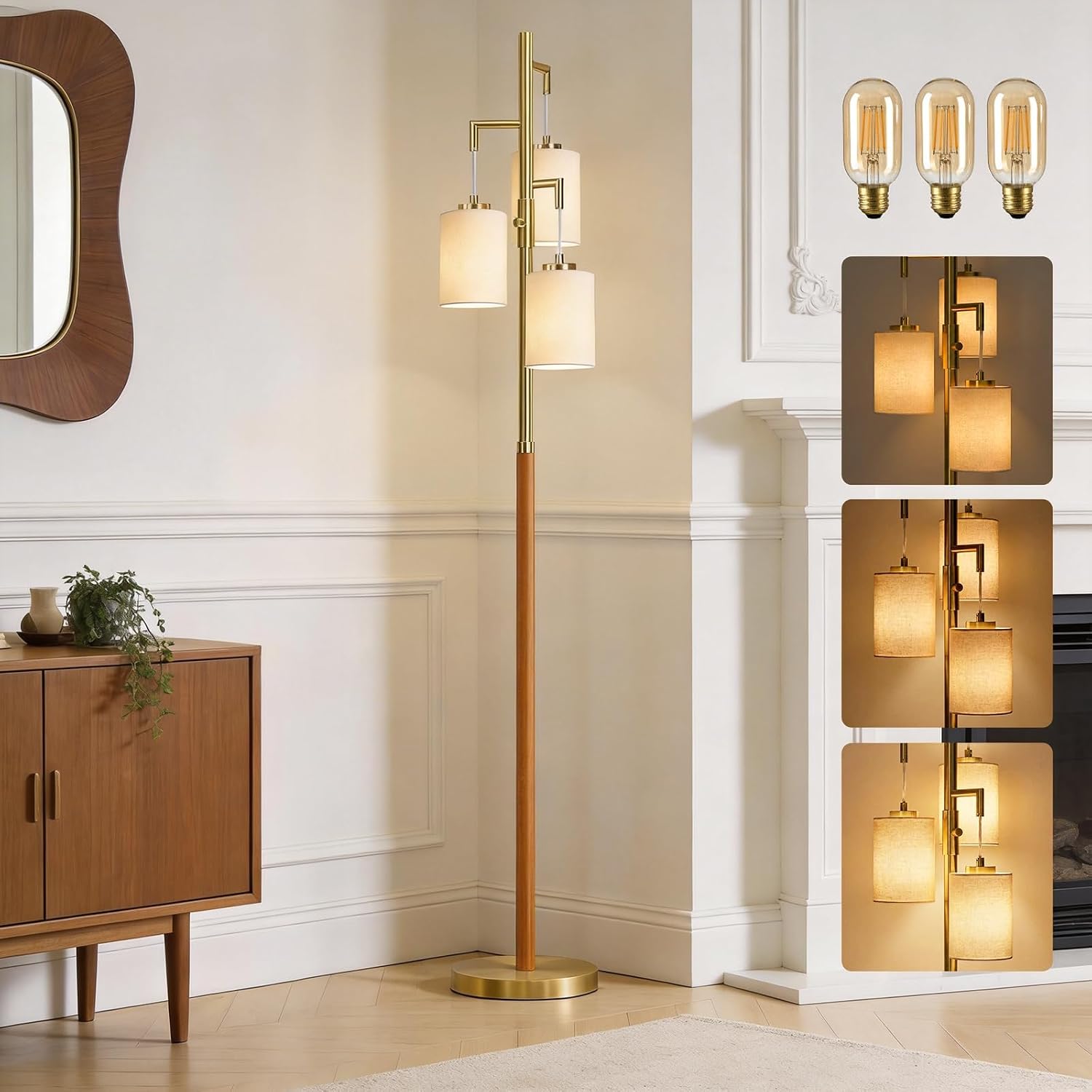 70" Dimmable Floor Lamp Wood Floor Lamps for Living Room Bedroom Mid Century Modern Floor Lamp Gold Standing Lamp Tall Lamps for Office Nursery Reading Elegant Stand Up Lamp, 3 Bulbs Included