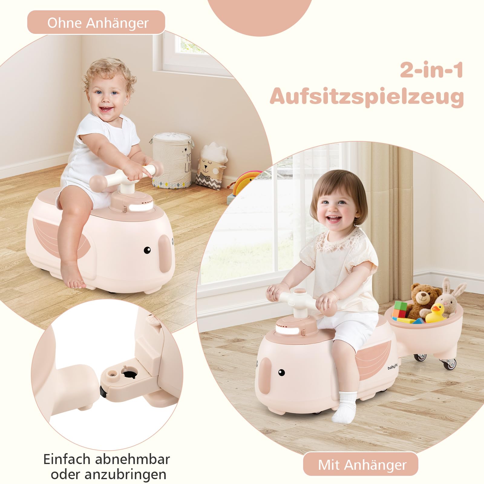 COSTWAY Samochód do ciągnięcia z przyczepą, pojazd do jazdy z światłem i muzyką oraz przestrzenią do przechowywania pod siedzeniem, pojazd do jazdy dla dzieci do gry w domu i na dworze, pojazd do