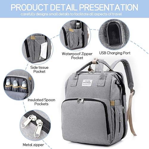 Miniatura 5 de Mochila para pañales, multifunción impermeable, bolsa de viaje para bebé, bolsa de pañales de gran capacidad con cambiador, regalo para baby boys