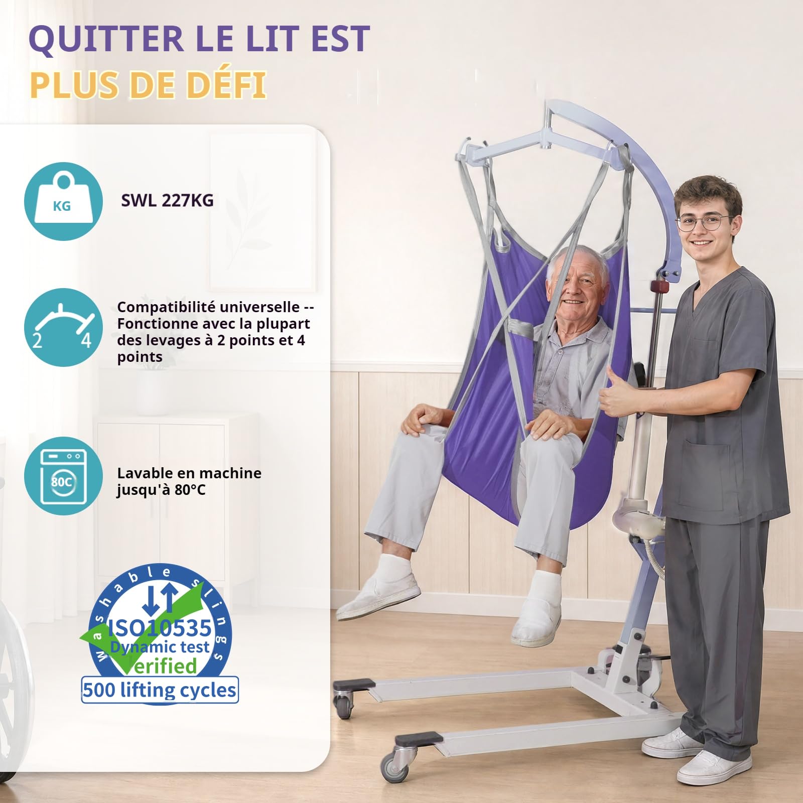 EZ Assistive - Correa de elevación para pacientes con patas separadas con soporte lumbar, correa de transferencia y posicionamiento, capacidad de carga 227 kg (púrpura, pequeña)