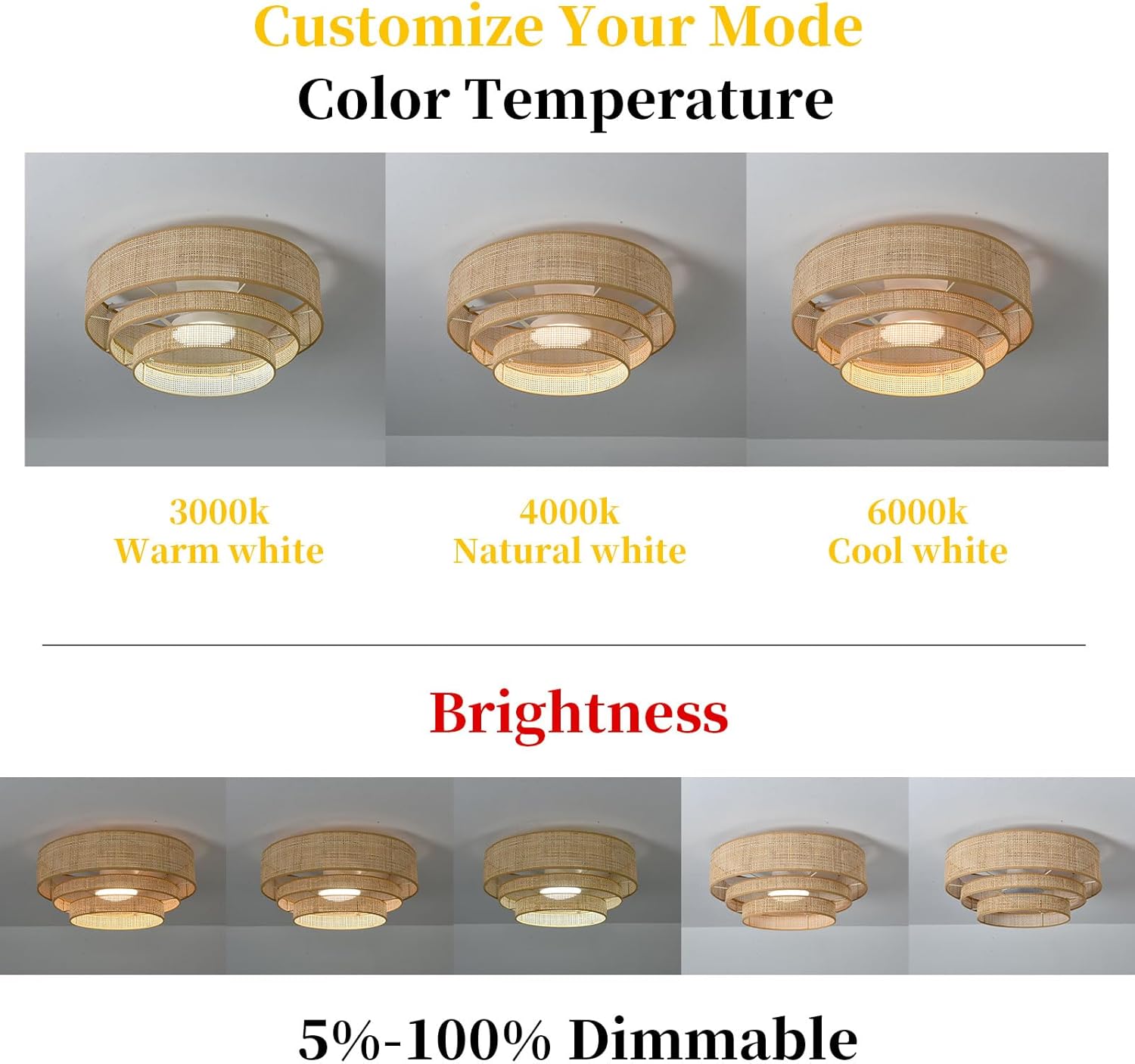 20 inches Low Profile DC Small Boho Wicker Ceiling Fan with Light Fixture and Remote,Enclosed Bamboo Rattan Caged Flush Mount Bladeless Wooden Fandelier for Kitchen Bedroom Indoor