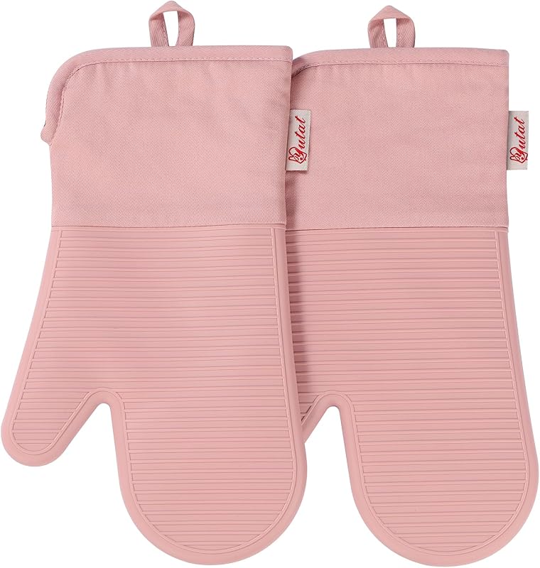YUTAT Manoplas de Silicona para Horno, Resistentes al Calor hasta 500 Grados, Guantes de Cocina Impermeables con Relleno de poliéster Suave, Juego de agarraderas de Cocina, Perfecto para Barbacoa, Hornear y Cocinar, Rosa, Juego de 2 Piezas