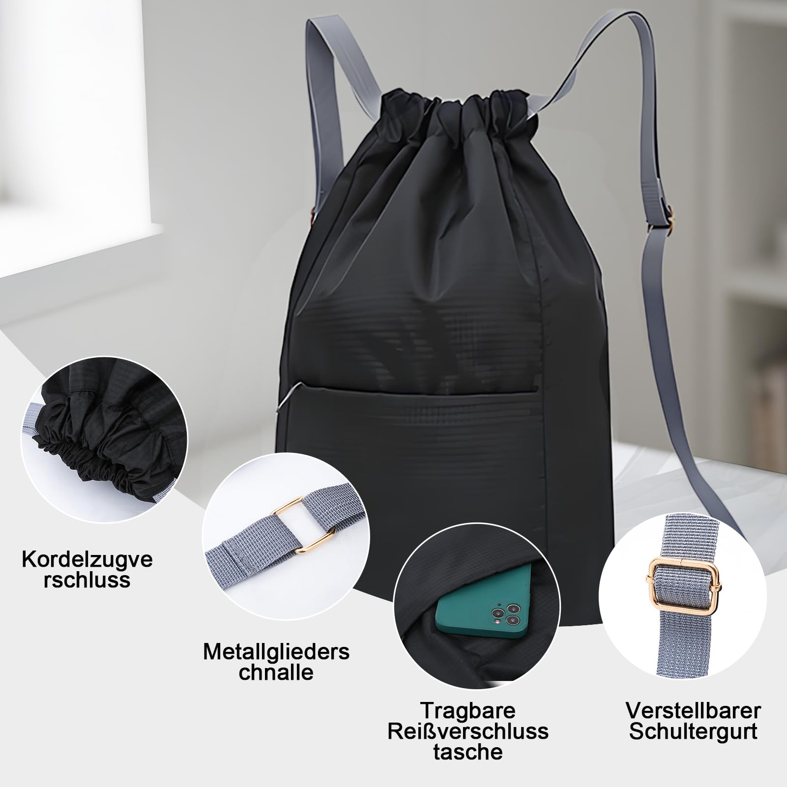 Wasserdichter Turnbeutel mit Kordelzug, Sportbeutel Damen Herren, Faltbar Große Kapazität Beutel mit Kordelzug Rucksack, Kordelzugbeutel zum Wandern, Camping, Reisen, Schwimmen