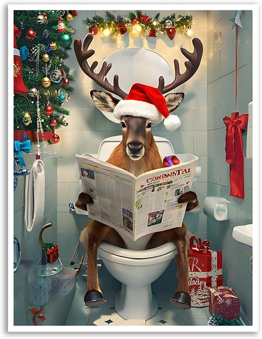 Vintage Christmas wall art canvas Christmas posters Winter christmas Reindeer wall art Christmas Snowman Decor Funny Bathroom Print Toilet Poster Unframed 12x16inch