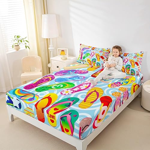 Miniatura 2 de Coloridas chanclas bajeras tamaño matrimonial, juego de ropa de cama de vacaciones de playa oceánica de 3 piezas para decoración de habitación de