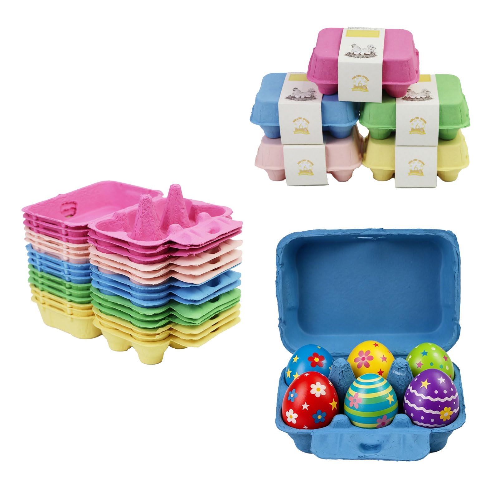 Mervino Eierkarton mit beschriftbarem Gürtel, bunte 6er Eierschachtel aus festem Naturzellstoffpapier - wiederverwendbar für DIY Ostern, Handwerk & Aufbewahrung von Hühner- und Enteneiern (15)