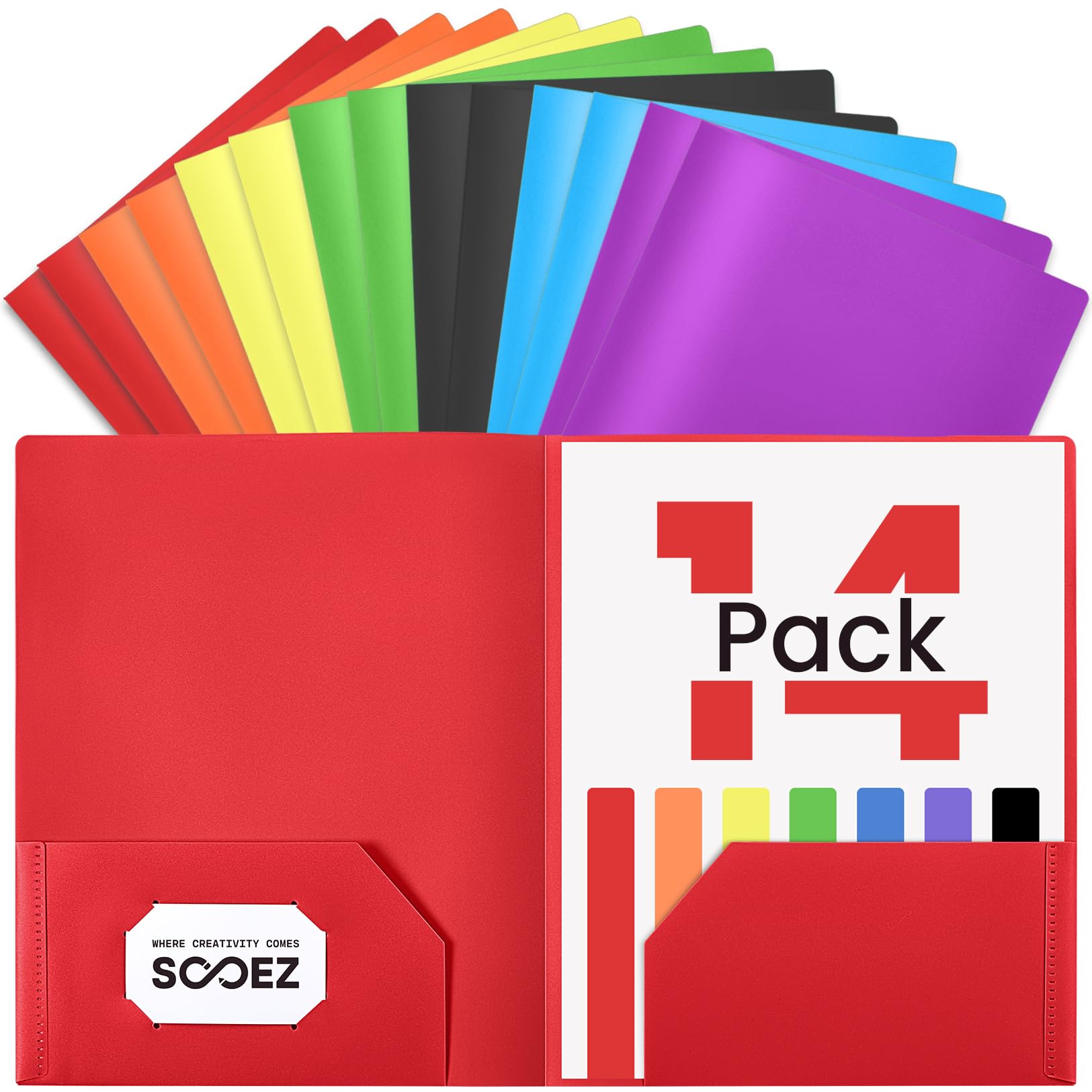 Sooez Paquete de 12 carpetas de 2 bolsillos con etiquetas, carpetas de plástico resistentes con bolsillos, carpetas de bolsillo de plástico con ranura para tarjetas de visita, carpeta de polietileno