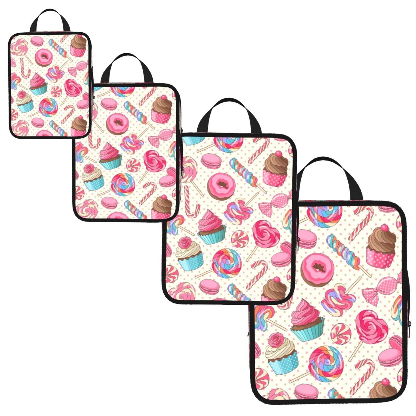 Sweet Lollipop Cupcake Print 4 Set Compression Packing Cubes for Suitcases,Expandable Storage Bags Organizers
