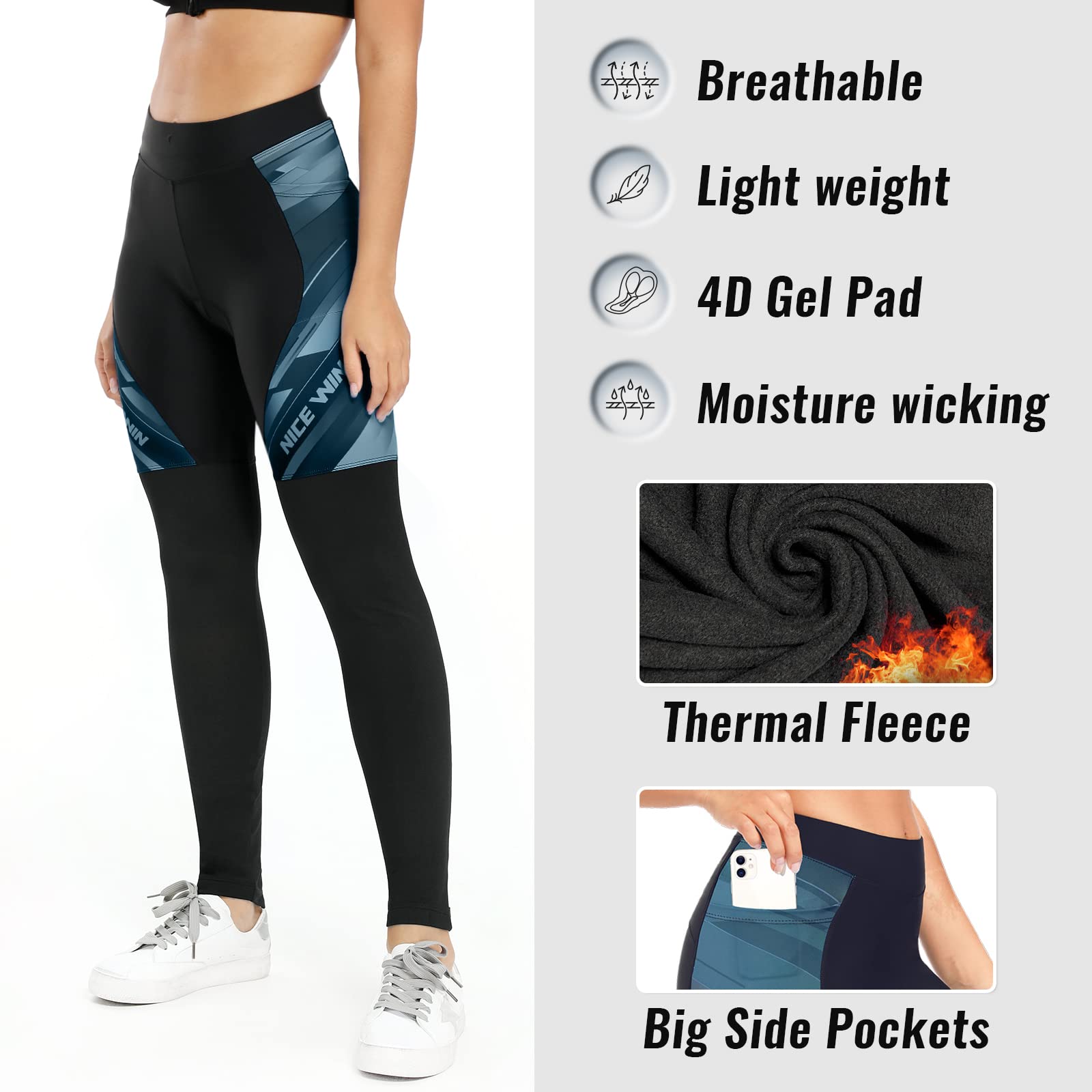 Pantaloni da Ciclismo Donna Invernali Lunghi Imbottiti Bicicletta Pantaloni Corsa Calzamaglia 4D Gel Pad Traspiranti Rapido Asciutto Leggings Sportivi Donna