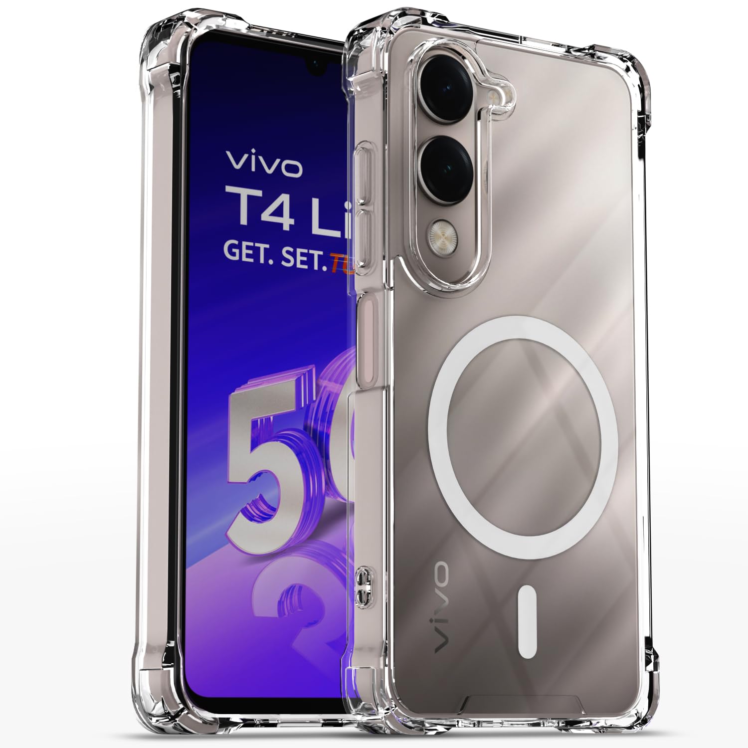 Amazon Basics Back Cover for Vivo T4 Lite 5G / Vivo Y19 5G Mag-Safe Shockproof PC + TPU Protective Case Magnetic Support Bumper Case (Transparent Mag-Safe)