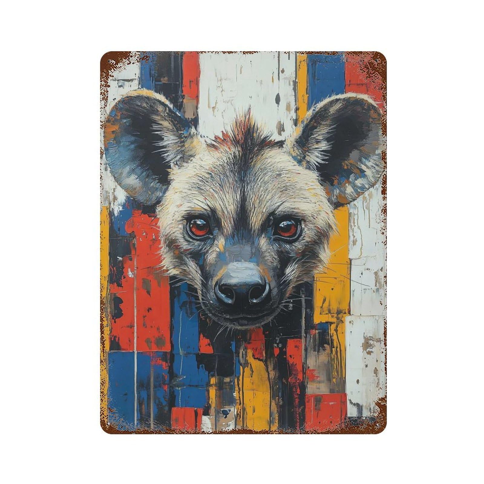 Hyena Portrait with Abstract Background Rustic Tin Plaque 15.7"x11.8", for Pub, Kitchen And Man Cave Decor, Vintage Wall Decor