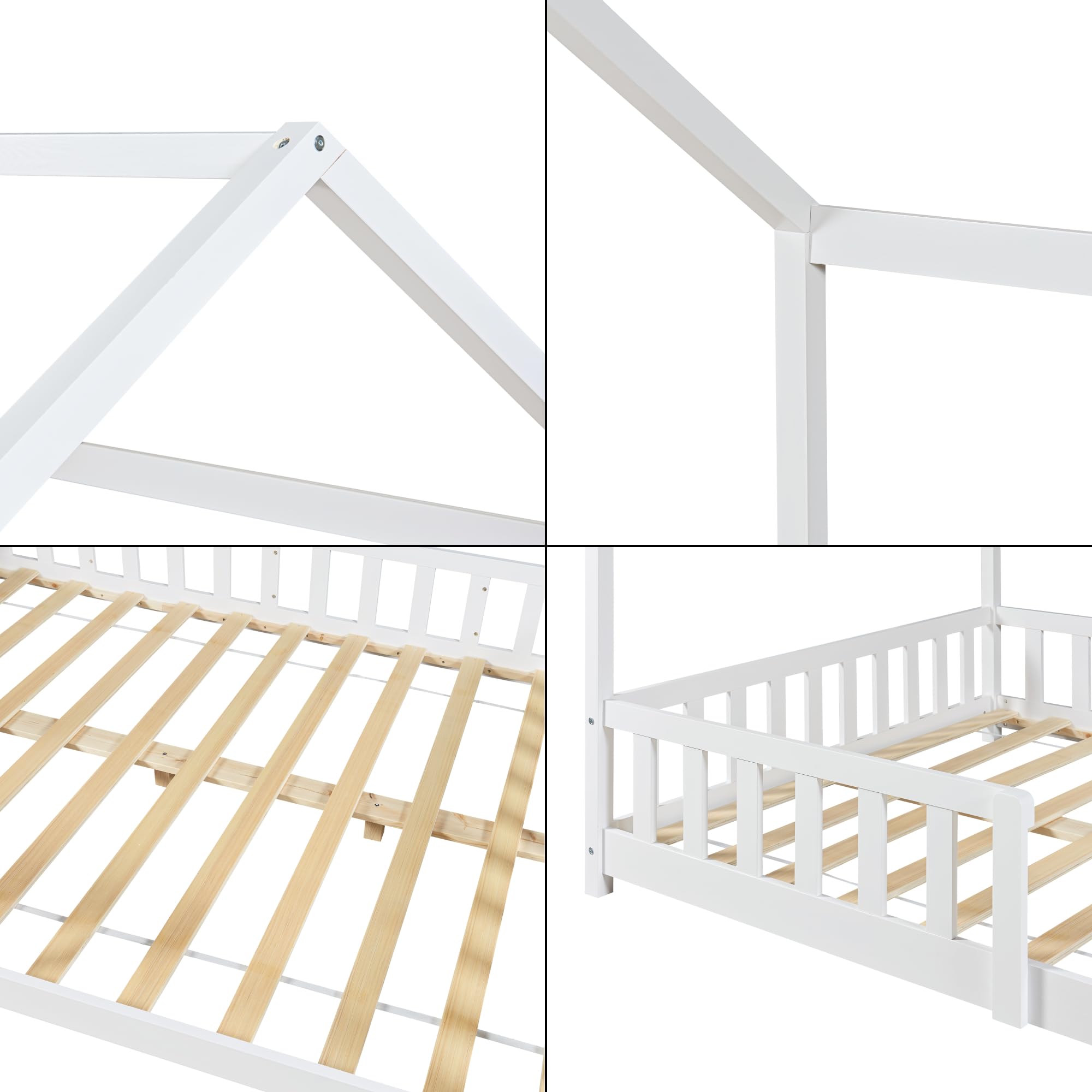 [en.casa] Lit Cabane Lit Double en Forme de Maison avec Sommier à Lattes Barrière Protectrice Capacité 200 kg Matelas à Mousse Froid Bois de Pin Contreplaqué 140 x 200 cm Blanc