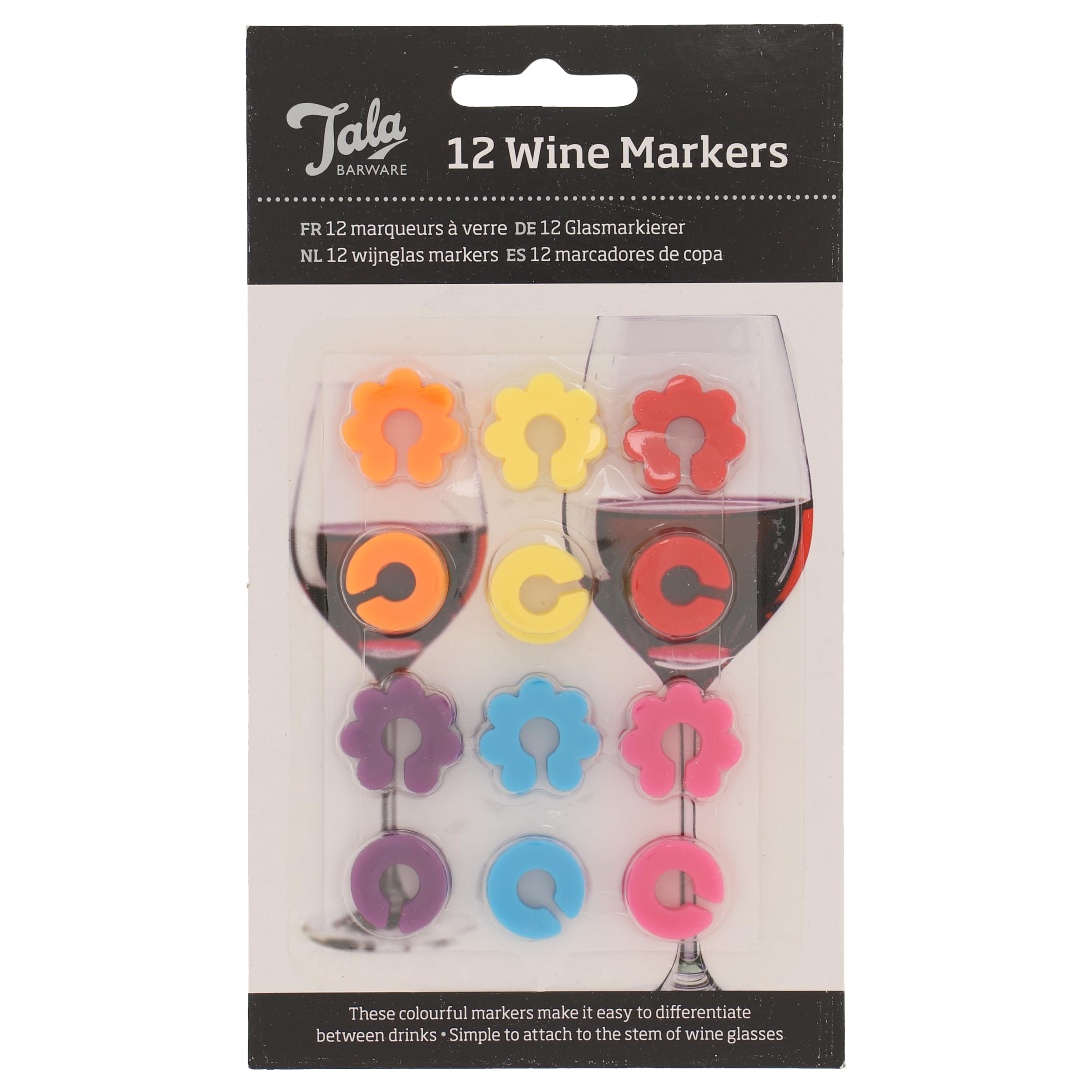 Tala Wine Glass Markers, Pack of 12 Silicone Wine Glass Charms to mark and claim glasses, ideal for parties and entertaining, Come with assorted Colours and Shapes