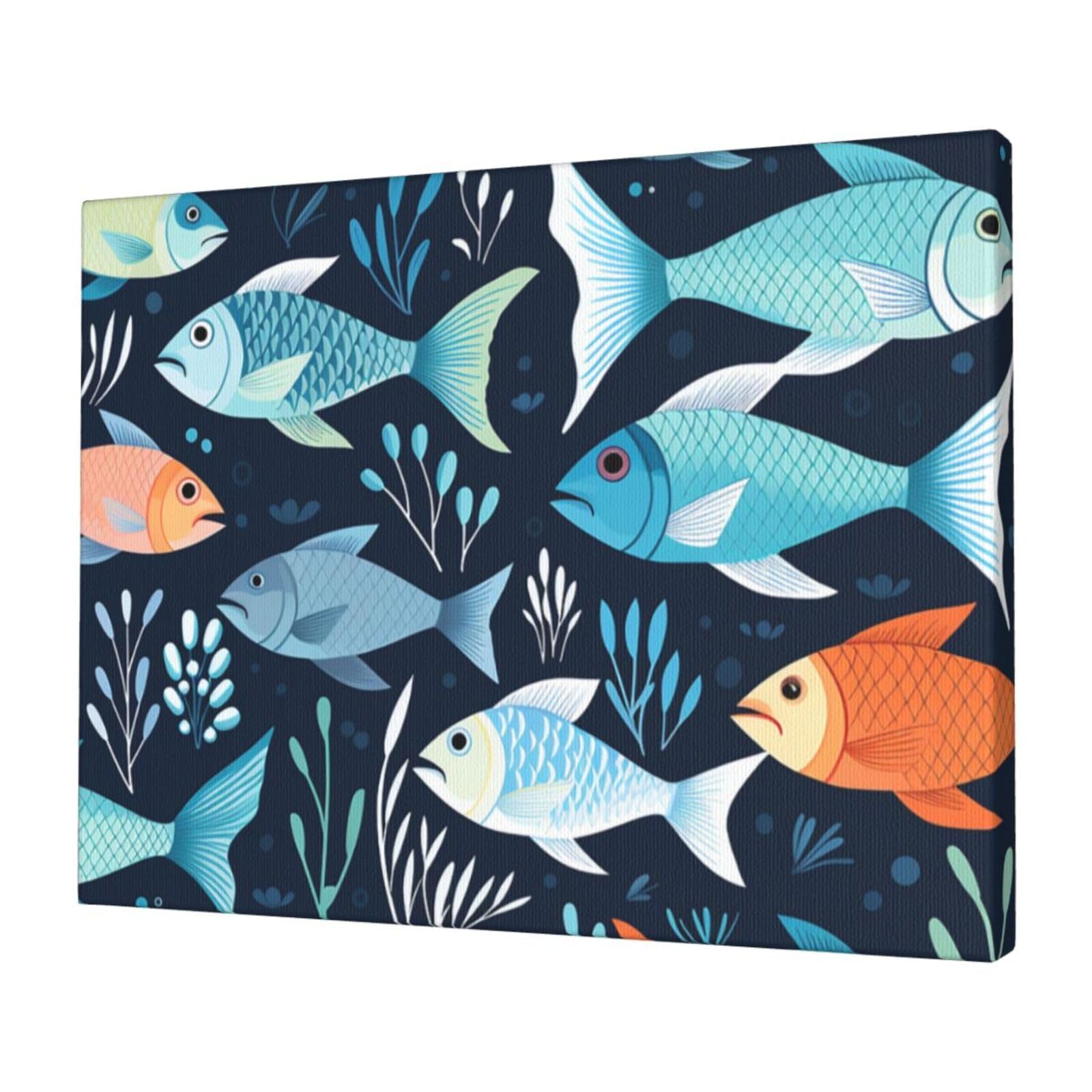 KLOPH Fishes Pattern Canvas Wall Art for Living Room 12"x16" Modern Artwork Painting for Bathroom Hanging Canvas Prints Aesthetic Wallart for Bedroom Kitchen Office Wall Decor