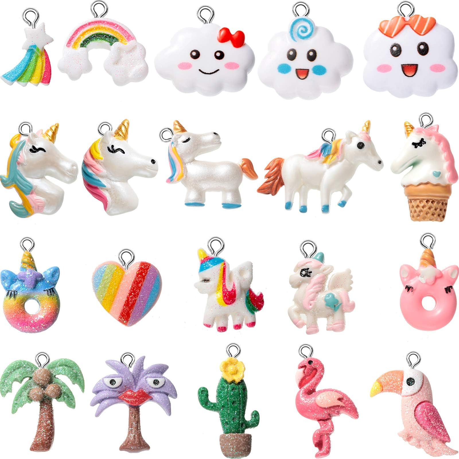 Hicarer 20 Pieces Unicorn Resin Charms for Jewelry Making Rainbow Cloud Flamingo Pendant for Kids Girls Earring Bracelet DIY Craft Unicorn Party Favors, Plastic Resin, resin