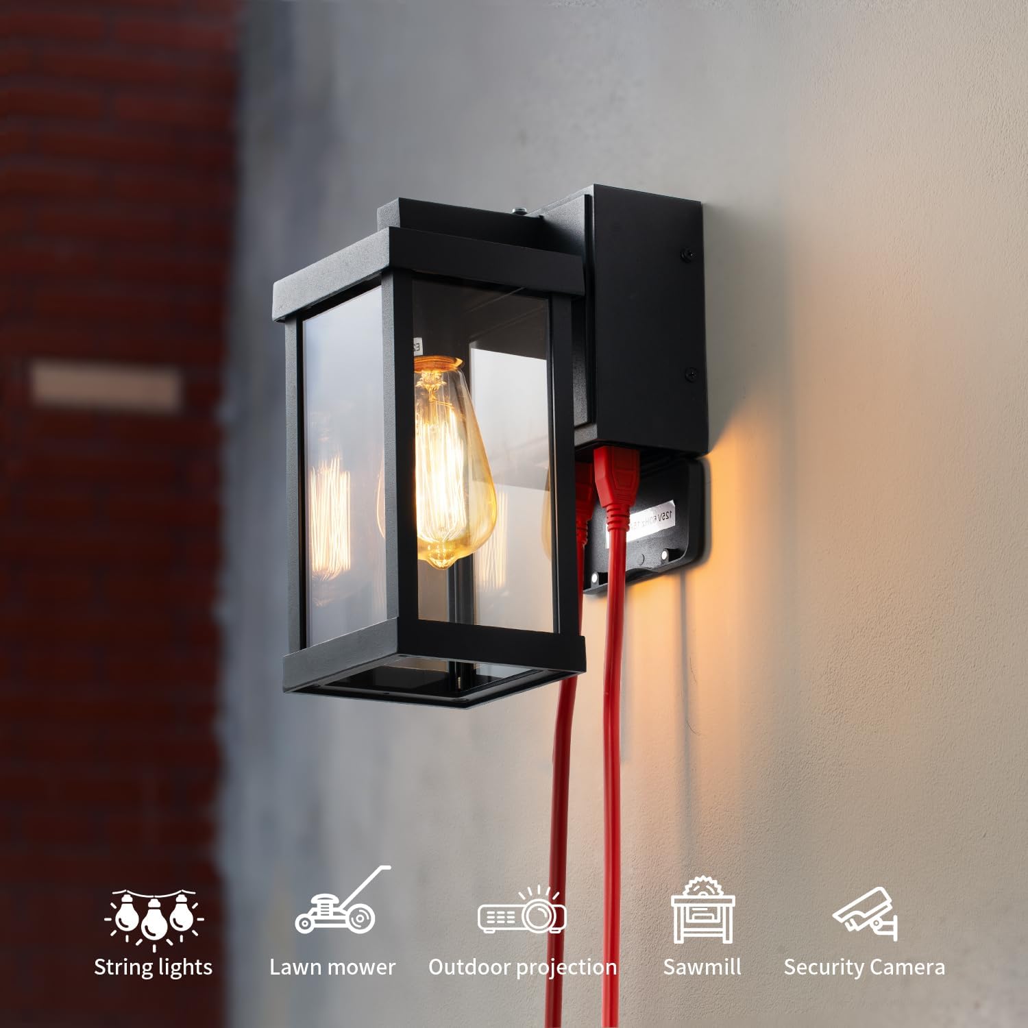 mirrea Dusk to Dawn 11" Classic Outdoor Wall Sconce with Built-in GFCI Outlet 1 Light in Matte Black Rectangular Metal Frame and Clear Glass Shade Waterproof Porch Light Patio Light