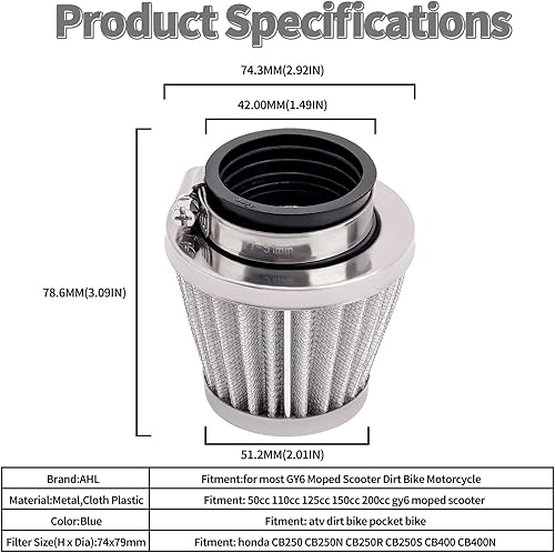 Miniatura 3 de AHL Filtro de aire plateado de 1.654 in de alto rendimiento  150 cc-250 cc para motocicleta, scooter, ATV Dirt Bike (1 unidad)