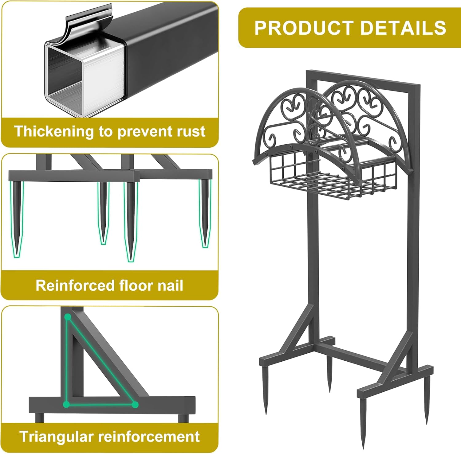 Heavy Duty Garden Hose Holder with Storage Basket, Detachable & Super Stable Water Hose Holder for Outside, Supports 150-Feet Hose, Perfect for Yard and Lawn