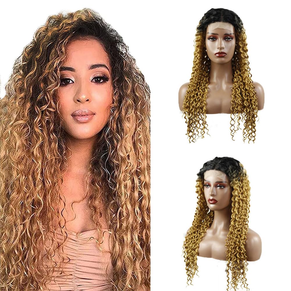 Weeybay Curly 4x4 Lace Front Wigs 1B/27 Black Root Honey Blond Real Unprocessed HD Transparent Human Hair Wigs Ombre Blonde Color for Women 22 Inch