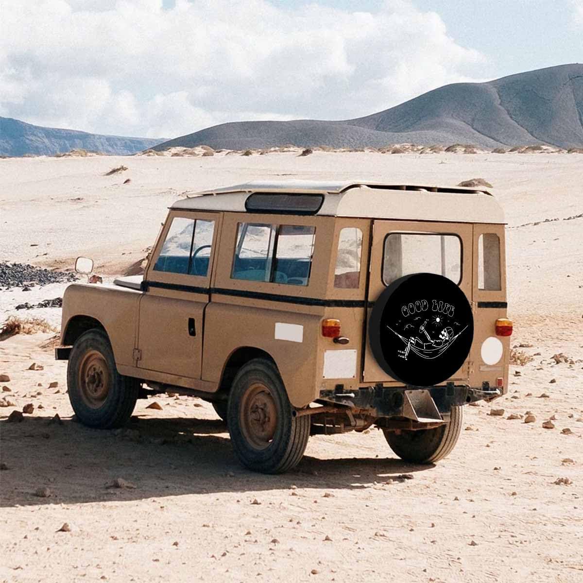Skeleton in Hammock Spare Tire Cover Beautiful Life White Black Background Wheel Covers for RV Tires Camper Tire Case Protectors for Trailer Rv SUV Truck Travel Trailer 17 in