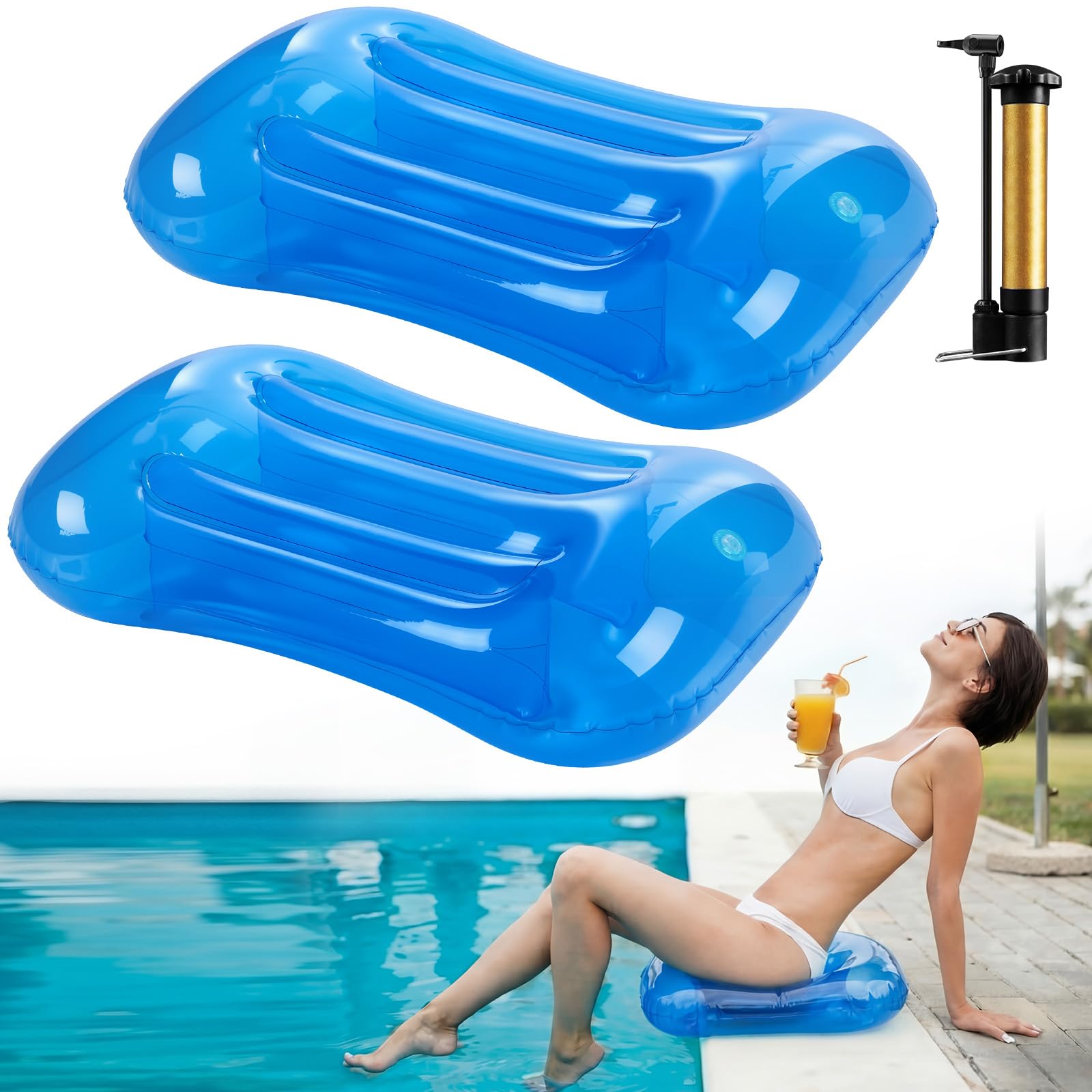 Photo 1 of Seenelling 2 Pcs Inflatable Poolside Chair Blow up Beach Seat Pad with Pump Foldable Portable Seat Mat for Edge of Pool Lightweight for Beach Lawn Concert Hiking Camping Outdoor(Transparent Blue)