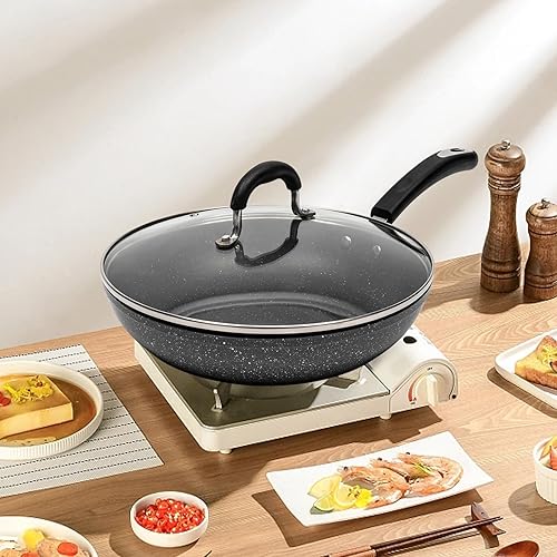 HuaShuani Sartén antiadherente de 11.02 pulgadas, sartén de granito antiadherente, utensilios de cocina de piedra con tapa y asa, tapa de vidrio