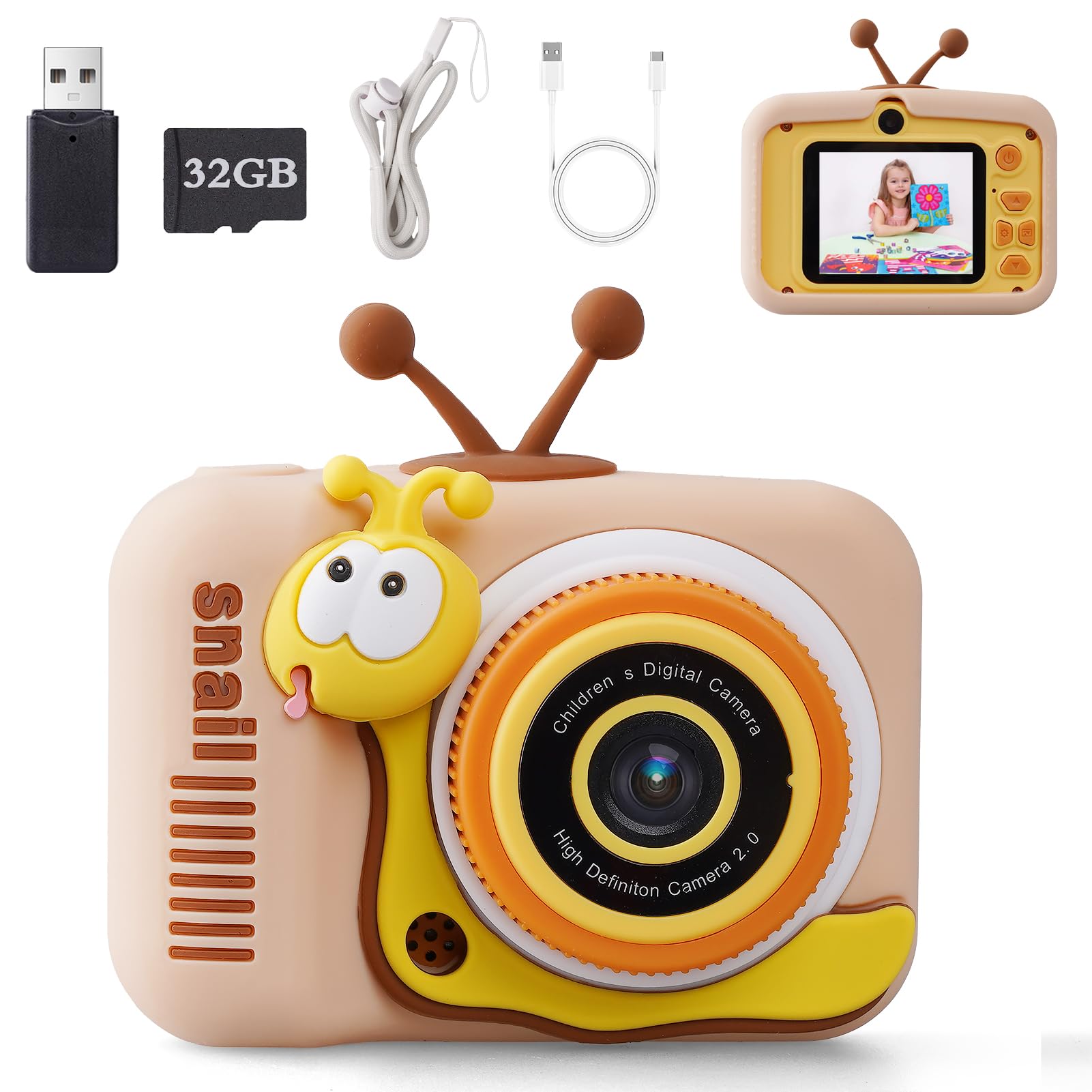 Voniobuy Macchina Fotografica per Bambini, Fotocamera Digitale 1080P con Schermo IPS 2.0", 44 Cornici Magiche e 5 Giochi Educativi - Regalo Perfetto per Ragazze e Ragazzi 3-12 Anni, Lumaca