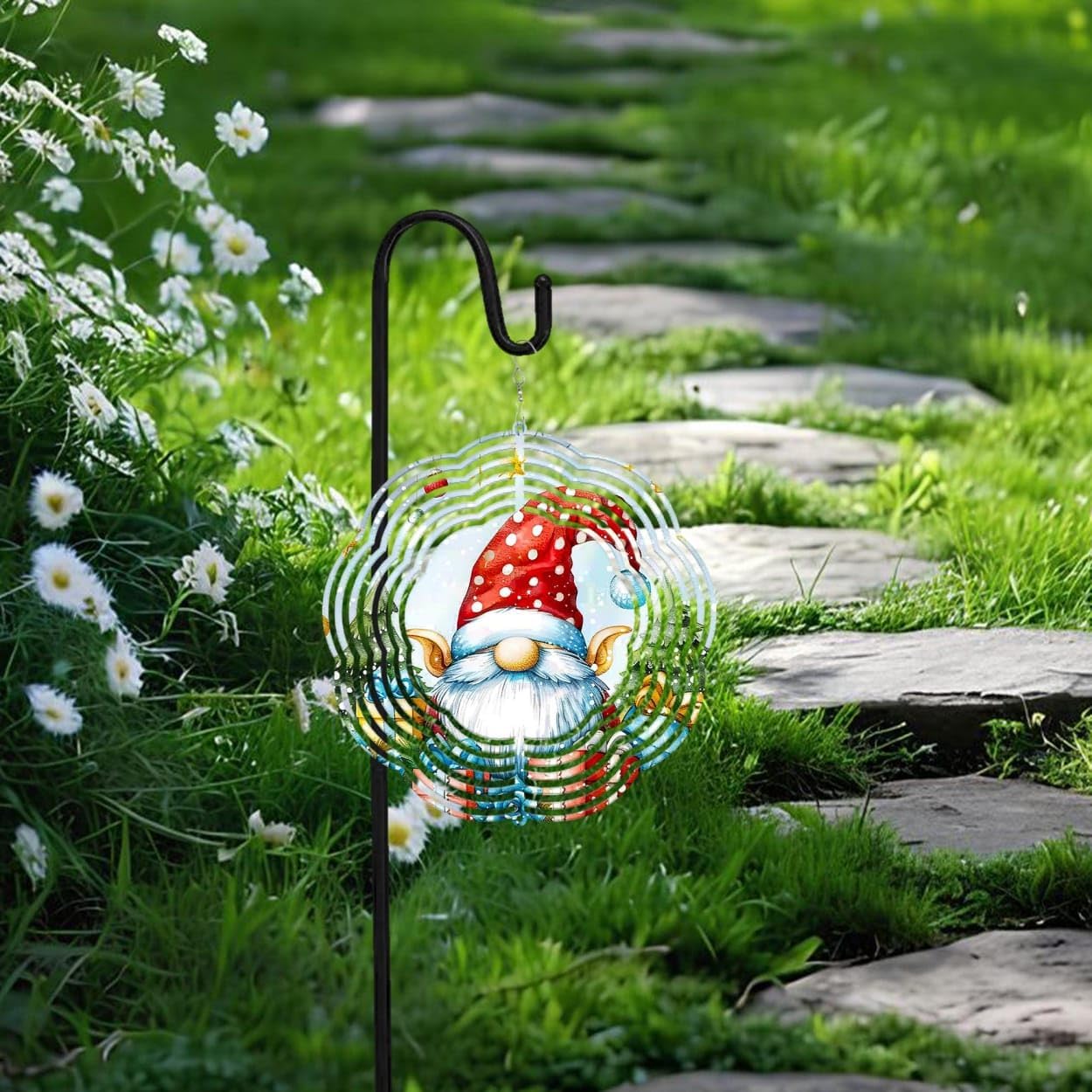 Gnome Gifts Pine Tree Christmas Wind Spinners 3D Stainless Steel Laser Cut Metal Double Sided Printing-Hanging Indoor/Outdoor Decorations Yard Gardening Decor,Metal Kinetic Art 16x16 inches