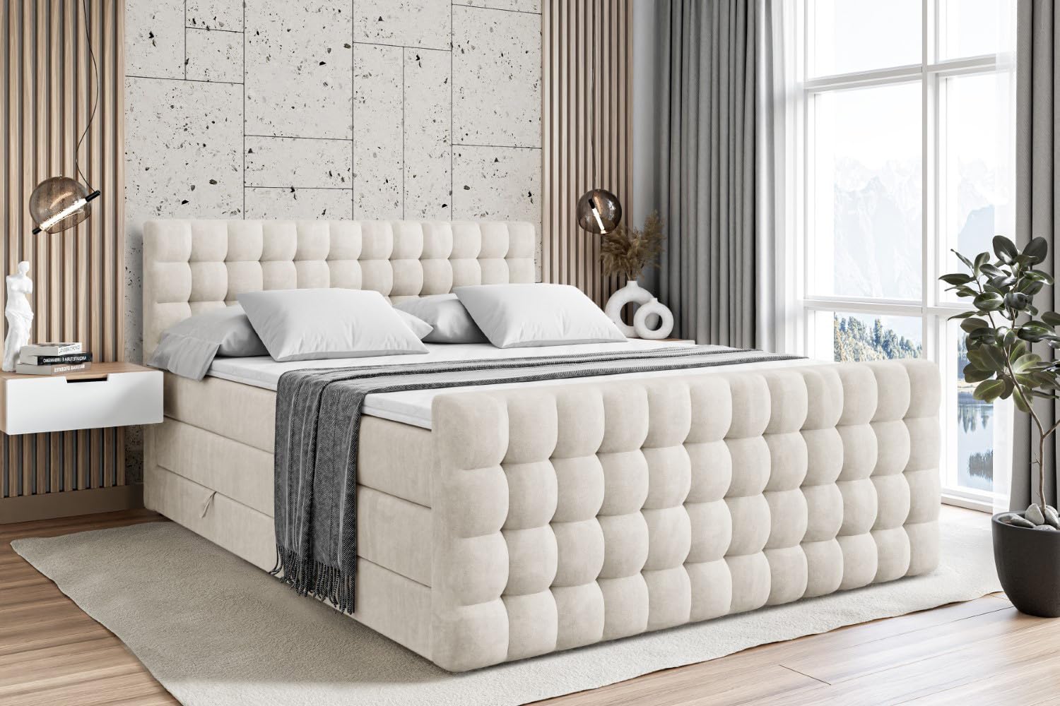 ALTDECOR Boxspringbett mit Matratze und Lattenrost, Topper, Fußteil, Polsterbett mit Bettkasten, Bett mit Stauraum H3- und H4- Matratze,Springboxbett - VIONE-Z King - 200x200 - Beige Samt