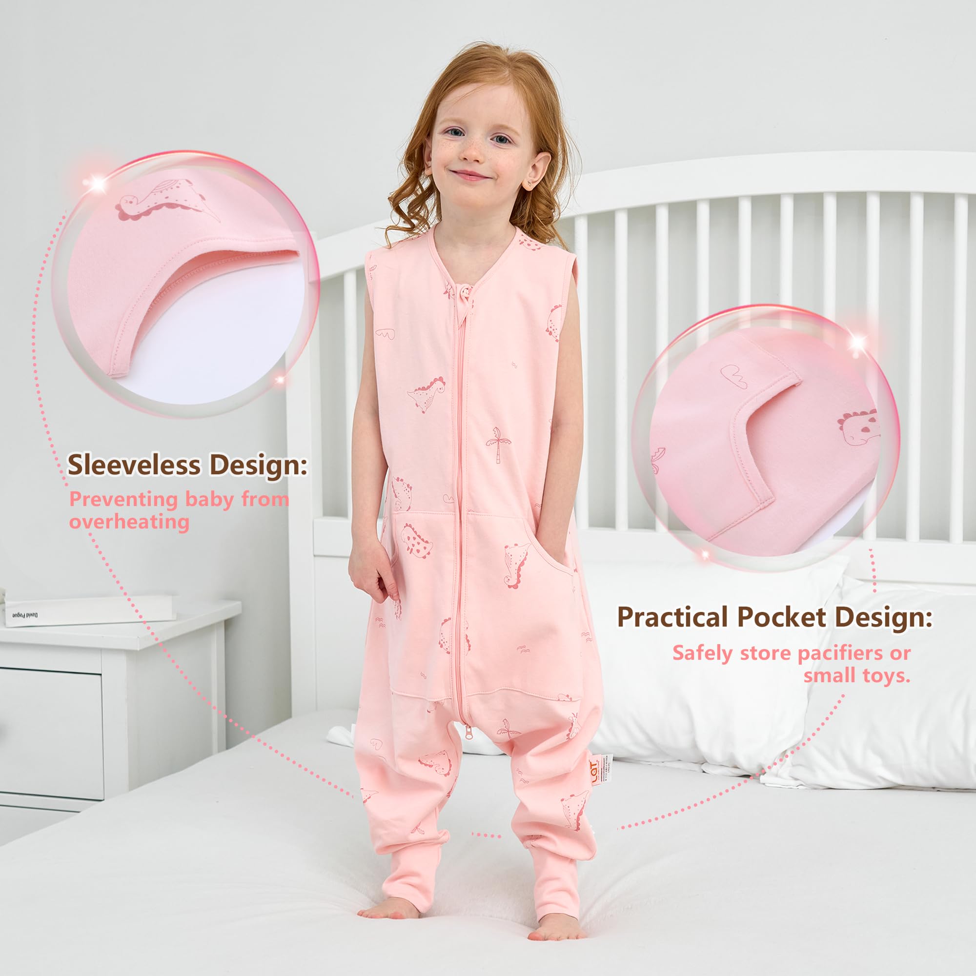 LAT Sacco Nanna con Piedini, 0,5 TOG 100% Cotone Sacco Nanna Estivo per Bambini, Morbido e Traspirante Sacco a Pelo con Tasche per Bambini