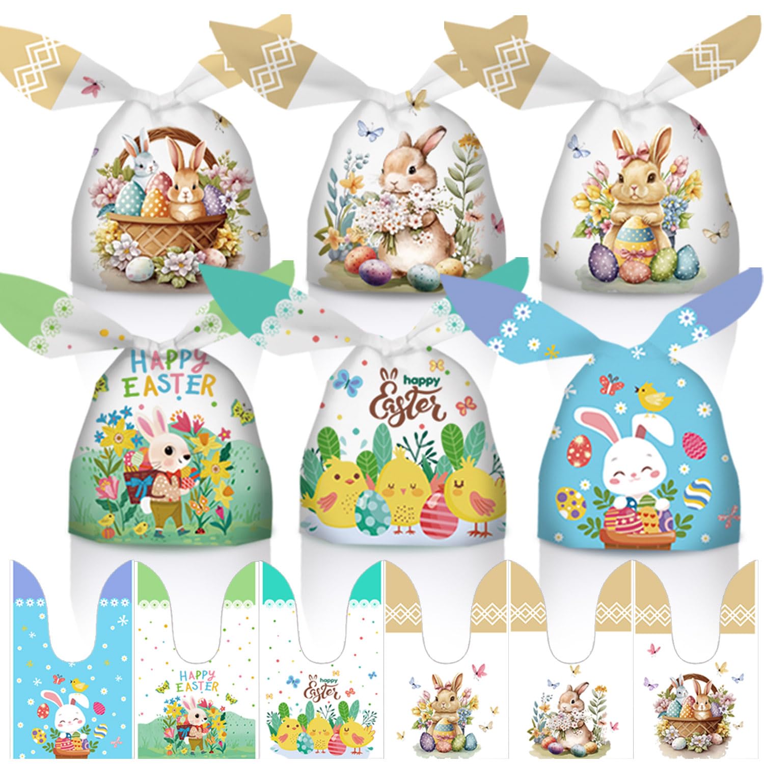 HaloCasa 90 pcs Easter Gift Bags Set, Easter Treat Bags Multipack, Plastic Easter Party Bags Bunny Bag Easter Goodie Bag Candy Bag for Easter Gifts Treats, Egg Hunts, Easter and birthday Party