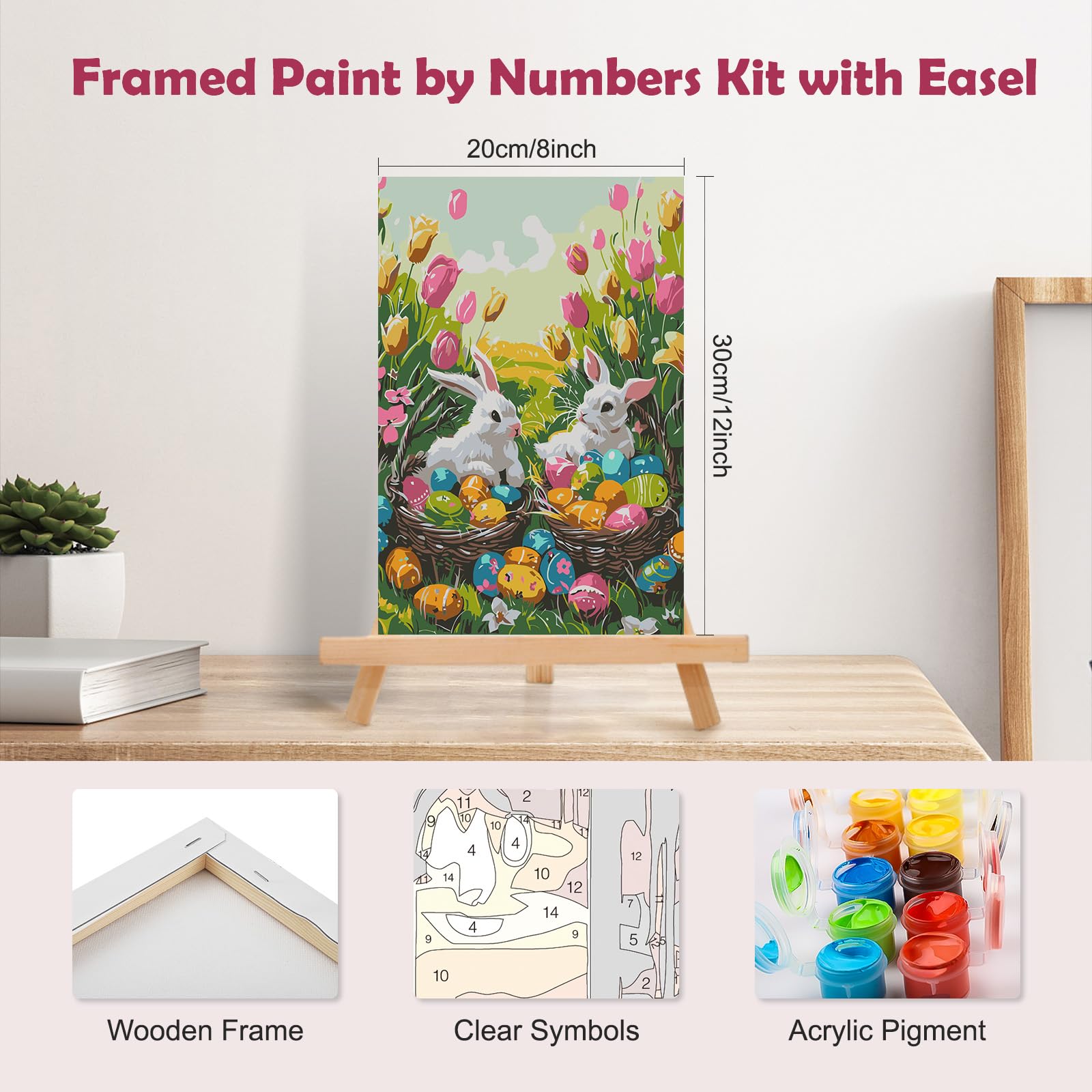 MOGTAA Easter Bunny Paint by Numbers for Adults Beginners with Frame, Easter Eggs Painting by Numbers for Adults with Easel, Easy DIY Flowers Oil Painting Kits Art Crafts for Home Decor, 8x12in - Image 2