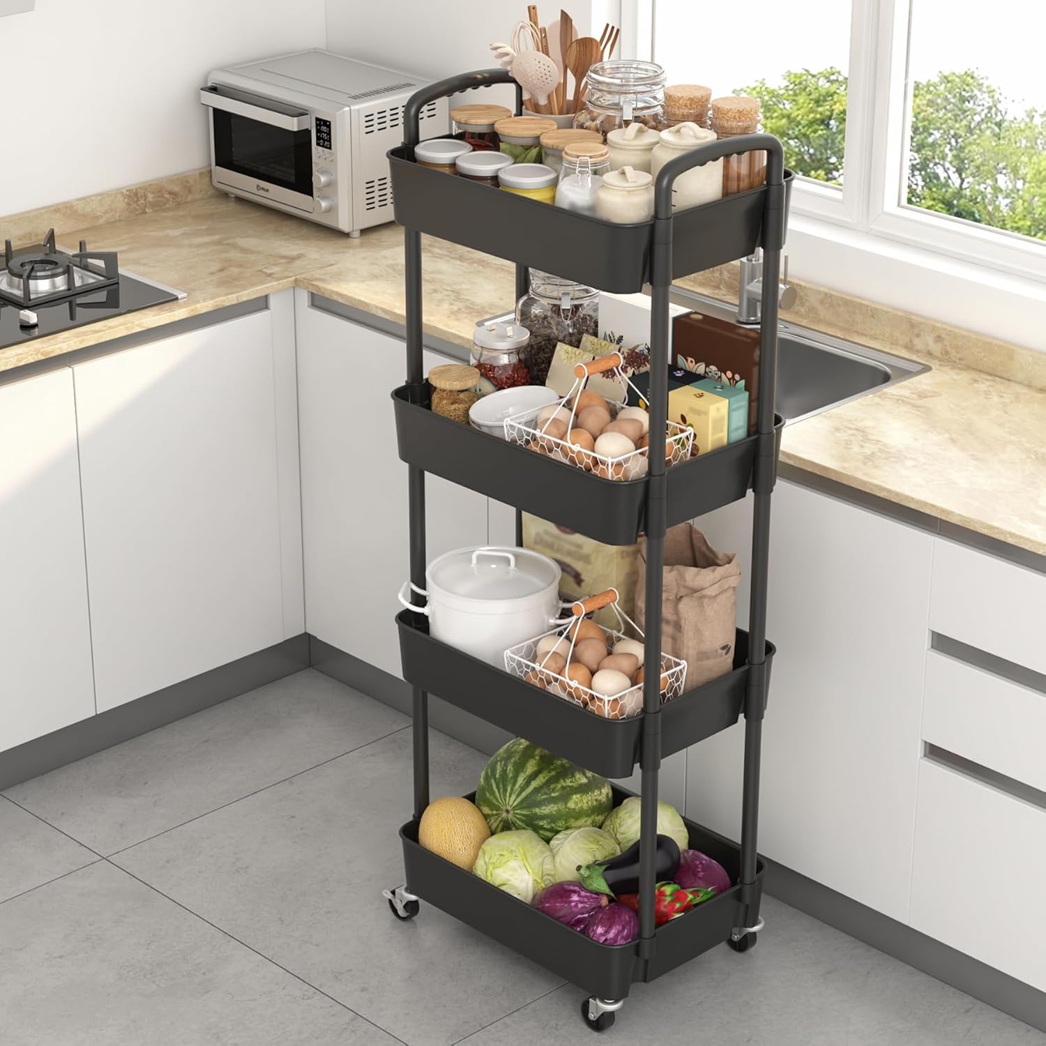 Sywhitta 4-Tier Plastic Rolling Utility Cart with Handle, Multi-Functional Storage Trolley for Office, Living Room, Kitchen, Movable Storage Organizer with Wheels, Black