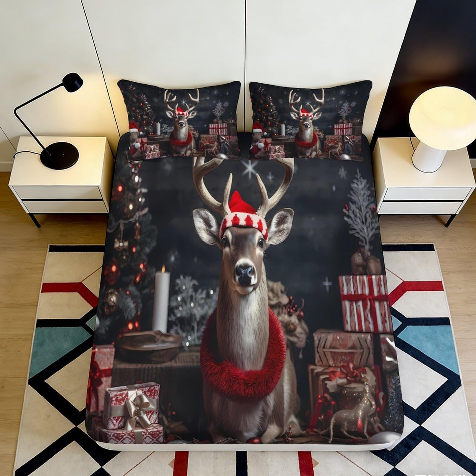 3D Printed Christmas Reindeer Fitted Sheet Microfiber Soft Anti-Slip Festive Gift Bed Cover for Bedroom Guest Room Decor 120x200x25cm