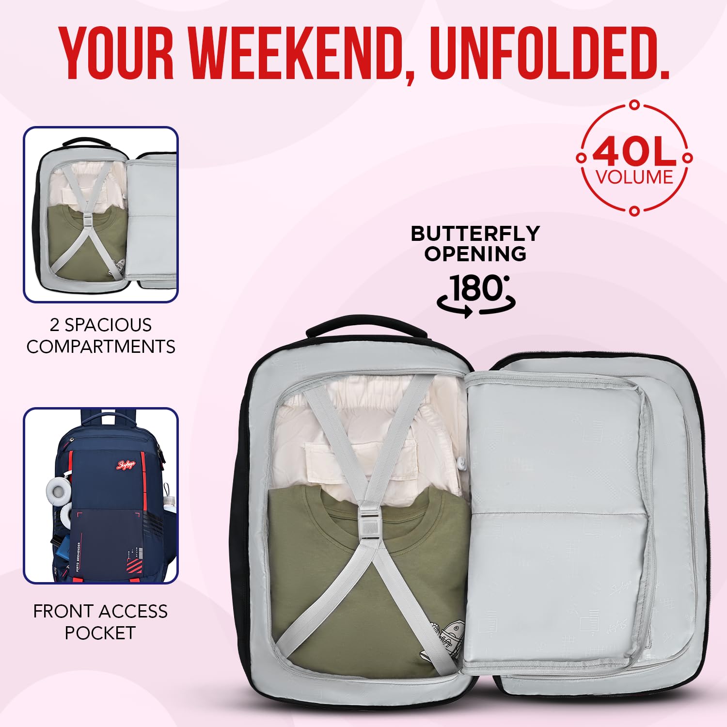 Skybags Porto Weekender 40L Backpack 2 Compartments| Durable Fabric| Padded Laptop Protection Bag (Upto 17-Inch) | Shoe Pocket, Multiple Spacious Pockets | Office, Casual & Outdoor| Unisex| Navy 1