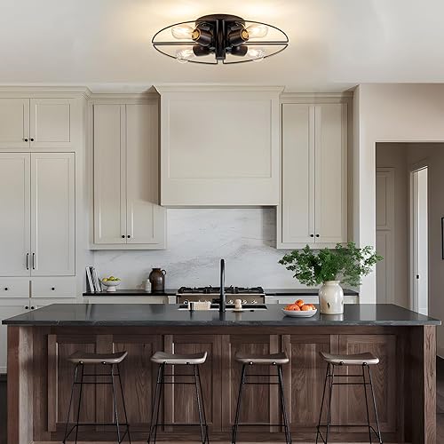 Miniatura 5 de Lámpara Sputnik de 4 Luces Negra de Montaje al Ras Luces de Techo Industrial de Madera 21" Luces de Techo Modernas Estilo Granja para Cocina Negro