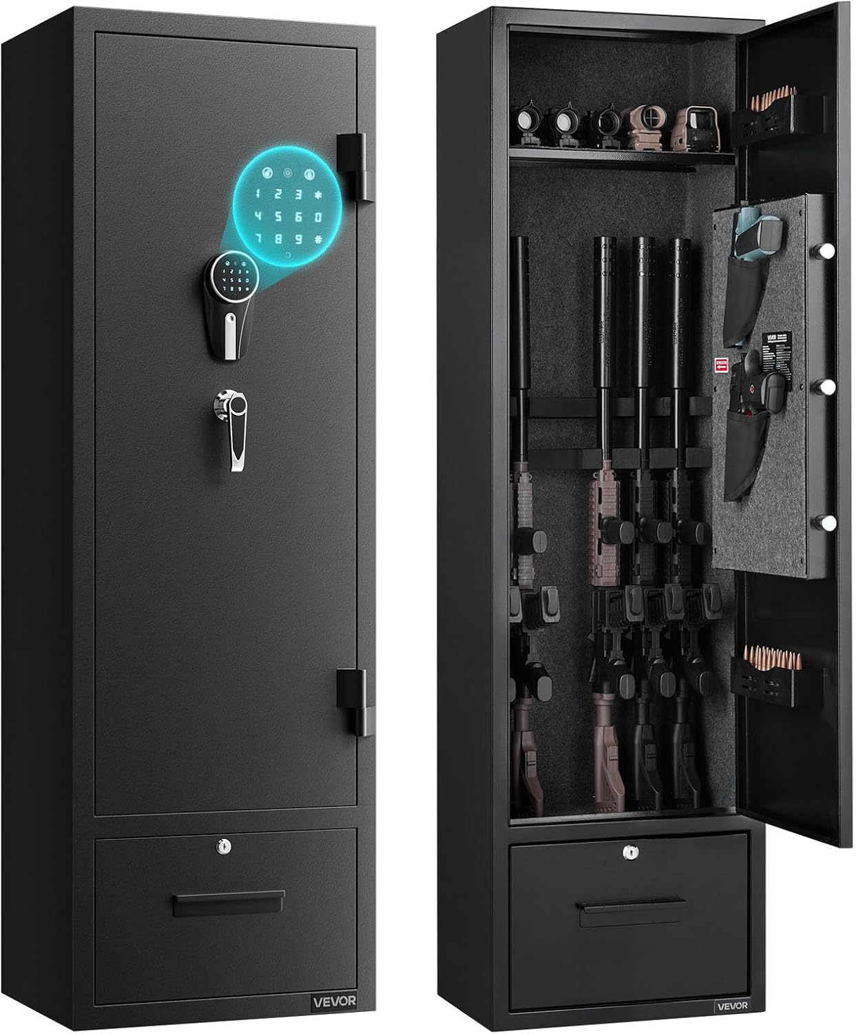 VEVOR 4 Gun Safe, Long Gun Cabinet for Rifles and Pistols, Quick Access Rifle Safe with 2 Ammo Slots, 2 Pistol Pockets & 2 Adjustable Racks, Large Digital Cabinet with Key and Password Lock 11" x 16" x 55"