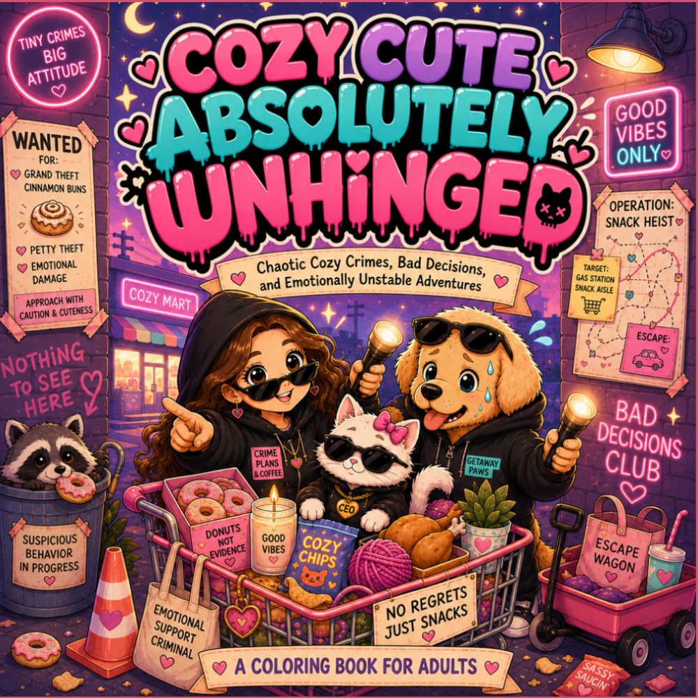 Cozy Cute Absolutely Unhinged: Chaotic Cozy Crimes, Bad Decisions, and Emotionally Unstable Adventures to Color for Stress Relief and Laugh-Out-Loud Relaxation