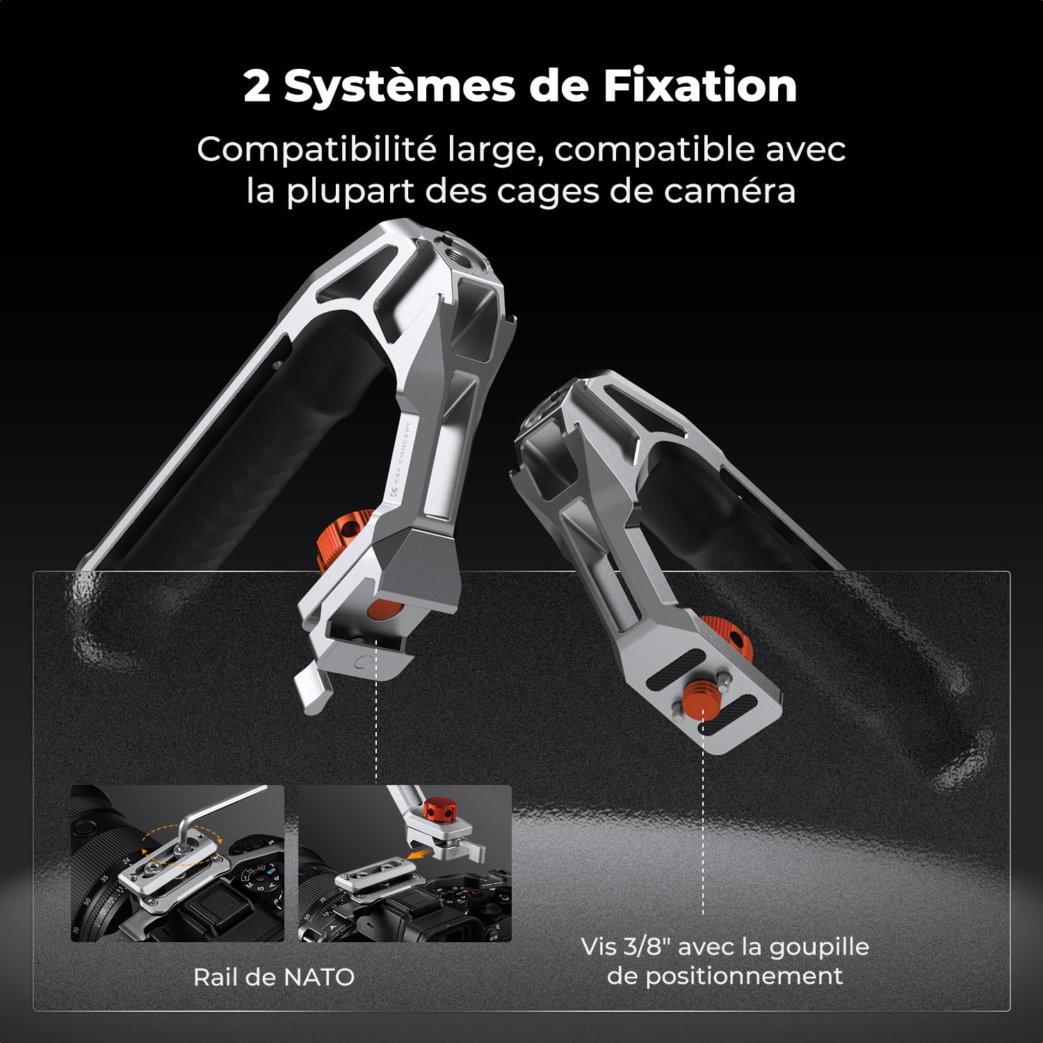 K&F CONCEPT Poignée Supérieure Métal avec Système Rail NATO et Arri 3/8"-16 Cold Shoe Vis 1/4" Capacité de Charge Jusqu'à 10 kg Ergonomique Solide pour Caméra Appareil Photo