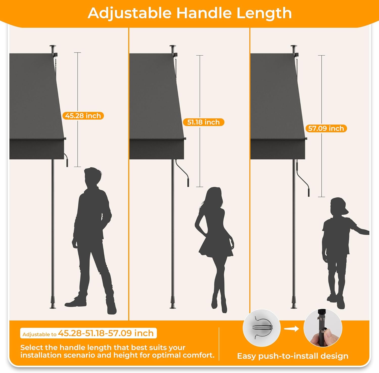 HOMEDEMO Manual Retractable Awning, 79" W x 118" H Retractable Side Bar 47-59", Outdoor Patio Awnings Height Adjustable 82-118", NO Drilling Awings for Backyard Garden Porch Outside Carbon Gray