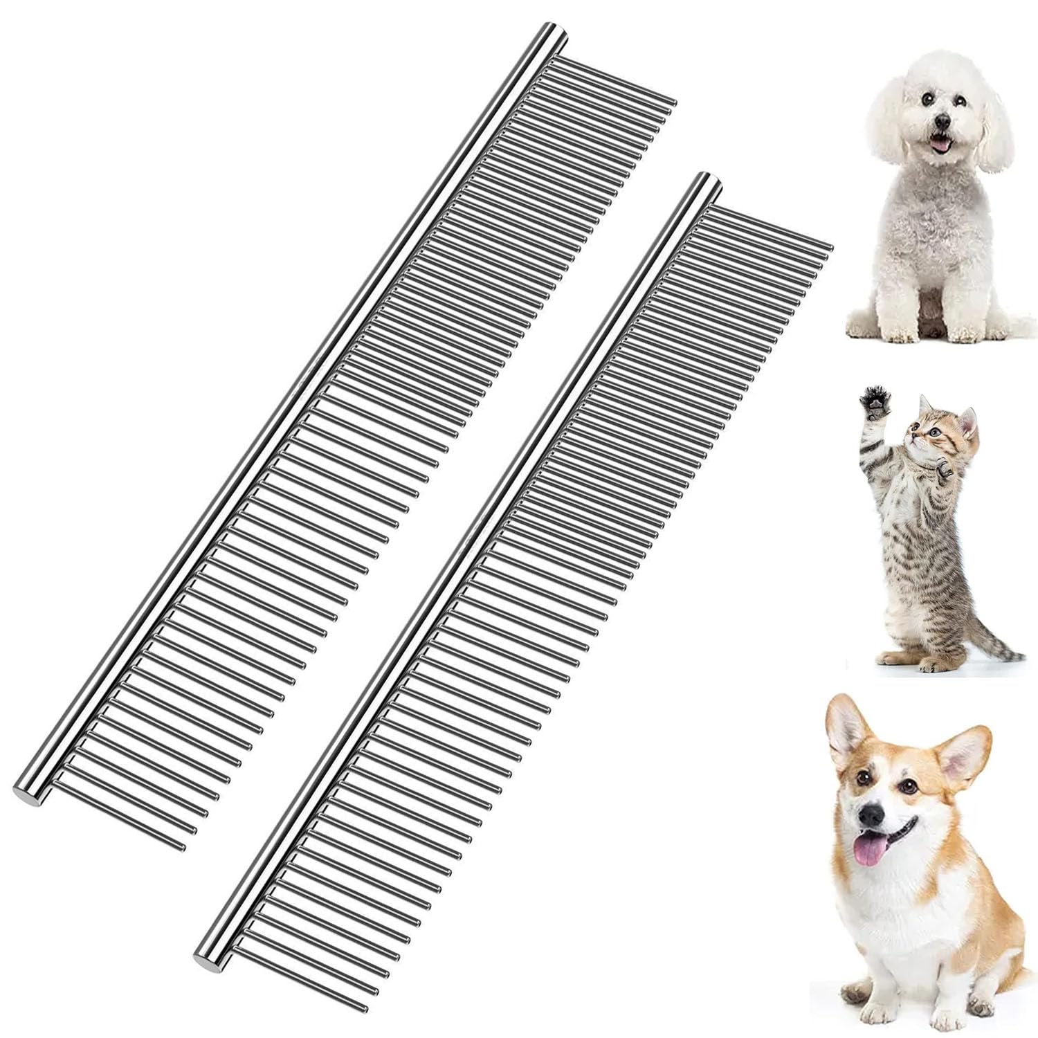 VELEGO 2 Pack Dog Combs with Rounded Ends Stainless Steel Teeth, Cat Comb for Removing Tangles and Knots,Provide Professional Grooming Tools for Long and Short Hair, Large, Medium and Small Dog, Cat