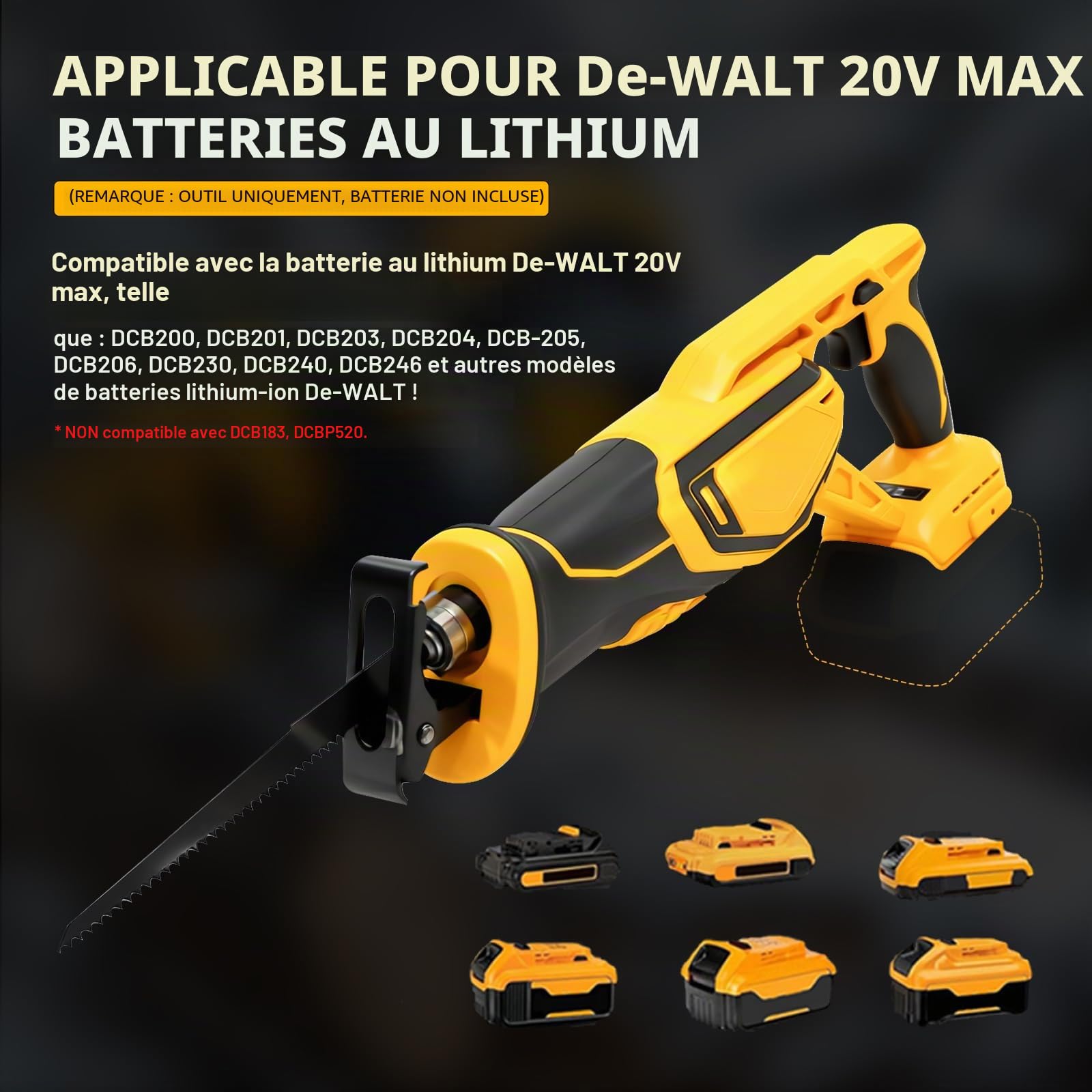 Scie sabre sans fil pour Dewalt 20 V, 3000 SPM, scie sabre sans fil, vitesse variable avec 8 lames de scie pour couper le bois, le métal, le plastique (sans batterie)